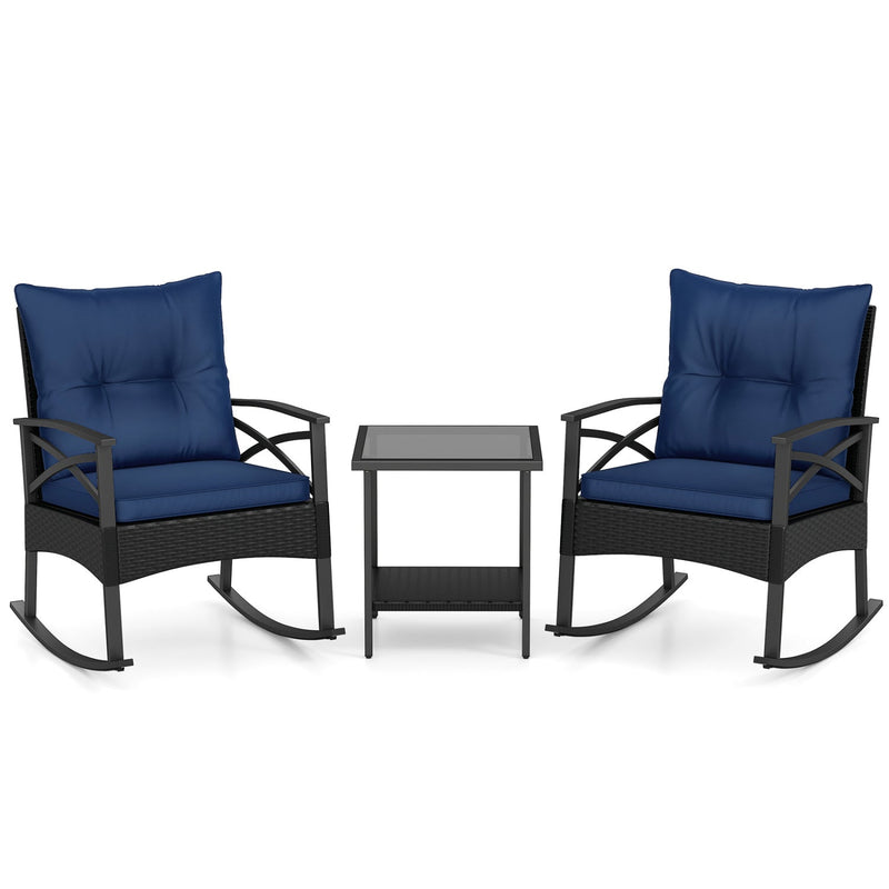 3 Pieces Outdoor Rattan Rocking Chairs Set with 2-Tier Side Table for Garden Backyard by DirectDeals