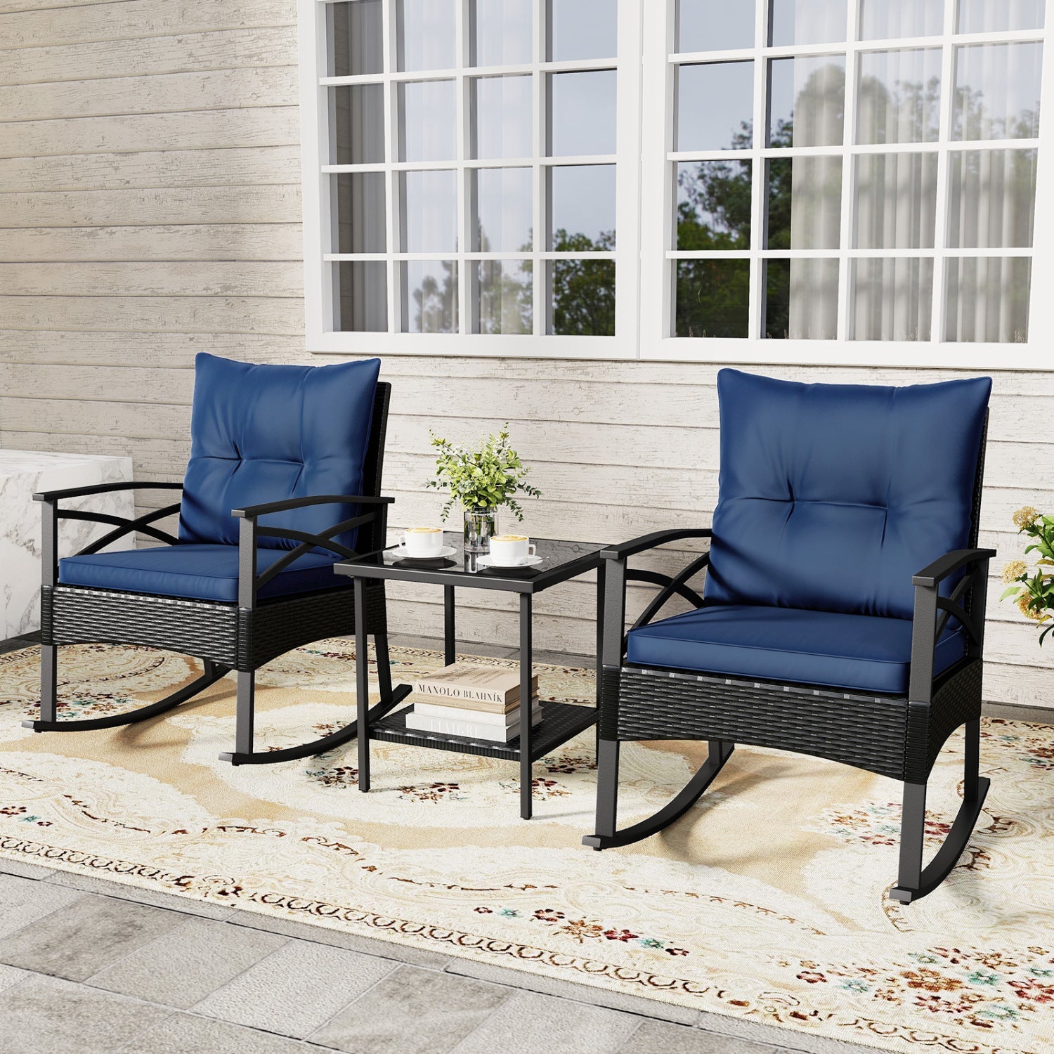 3 Pieces Outdoor Rattan Rocking Chairs Set with 2-Tier Side Table for Garden Backyard by DirectDeals
