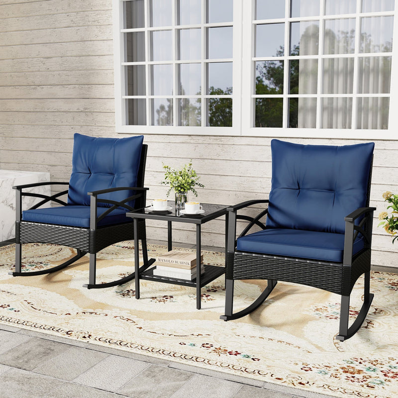 3 Pieces Outdoor Rattan Rocking Chairs Set with 2-Tier Side Table for Garden Backyard by DirectDeals