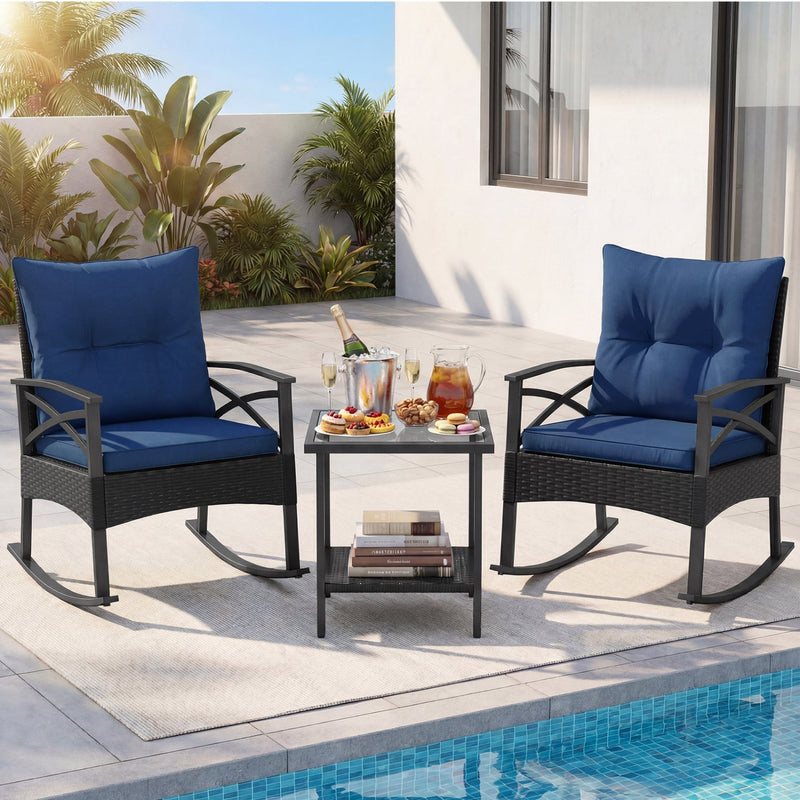 3 Pieces Outdoor Rattan Rocking Chairs Set with 2-Tier Side Table for Garden Backyard by DirectDeals