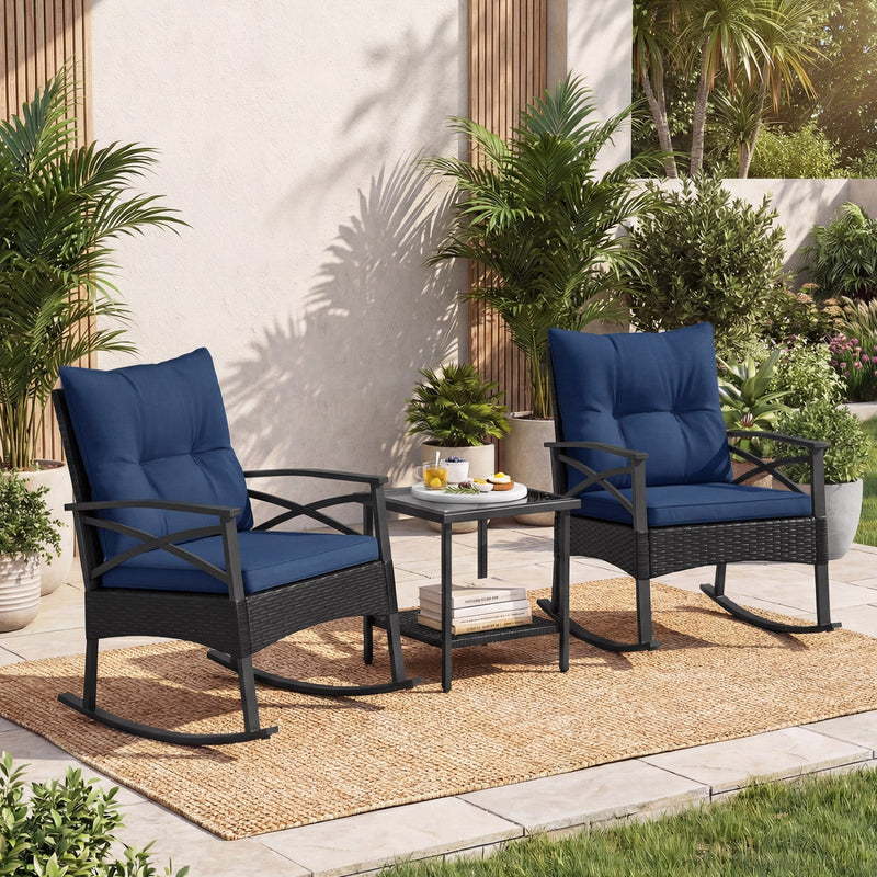 3 Pieces Outdoor Rattan Rocking Chairs Set with 2-Tier Side Table for Garden Backyard by DirectDeals