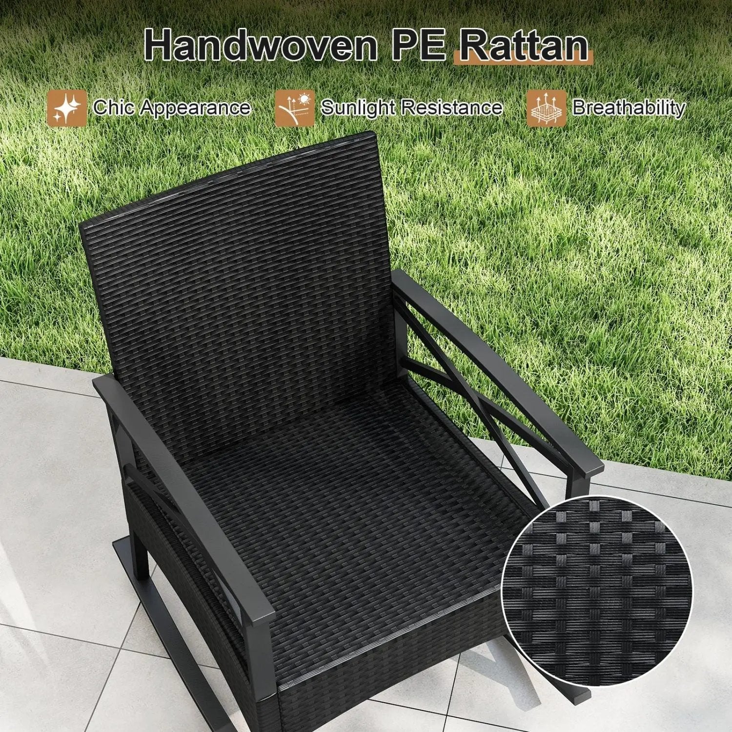 3 Pieces Outdoor Rattan Rocking Chairs Set with 2-Tier Side Table for Garden Backyard by DirectDeals