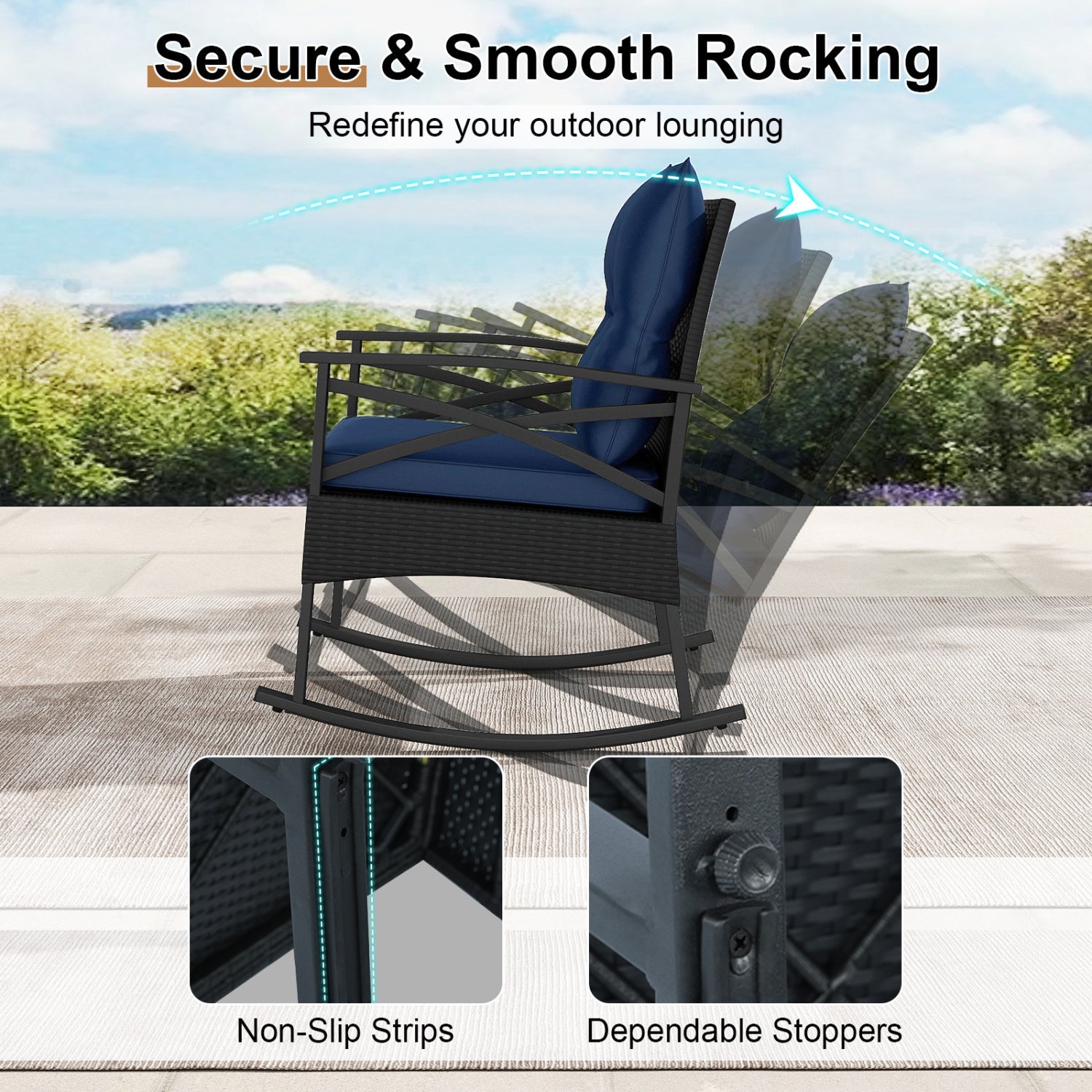 3 Pieces Outdoor Rattan Rocking Chairs Set with 2-Tier Side Table for Garden Backyard by DirectDeals