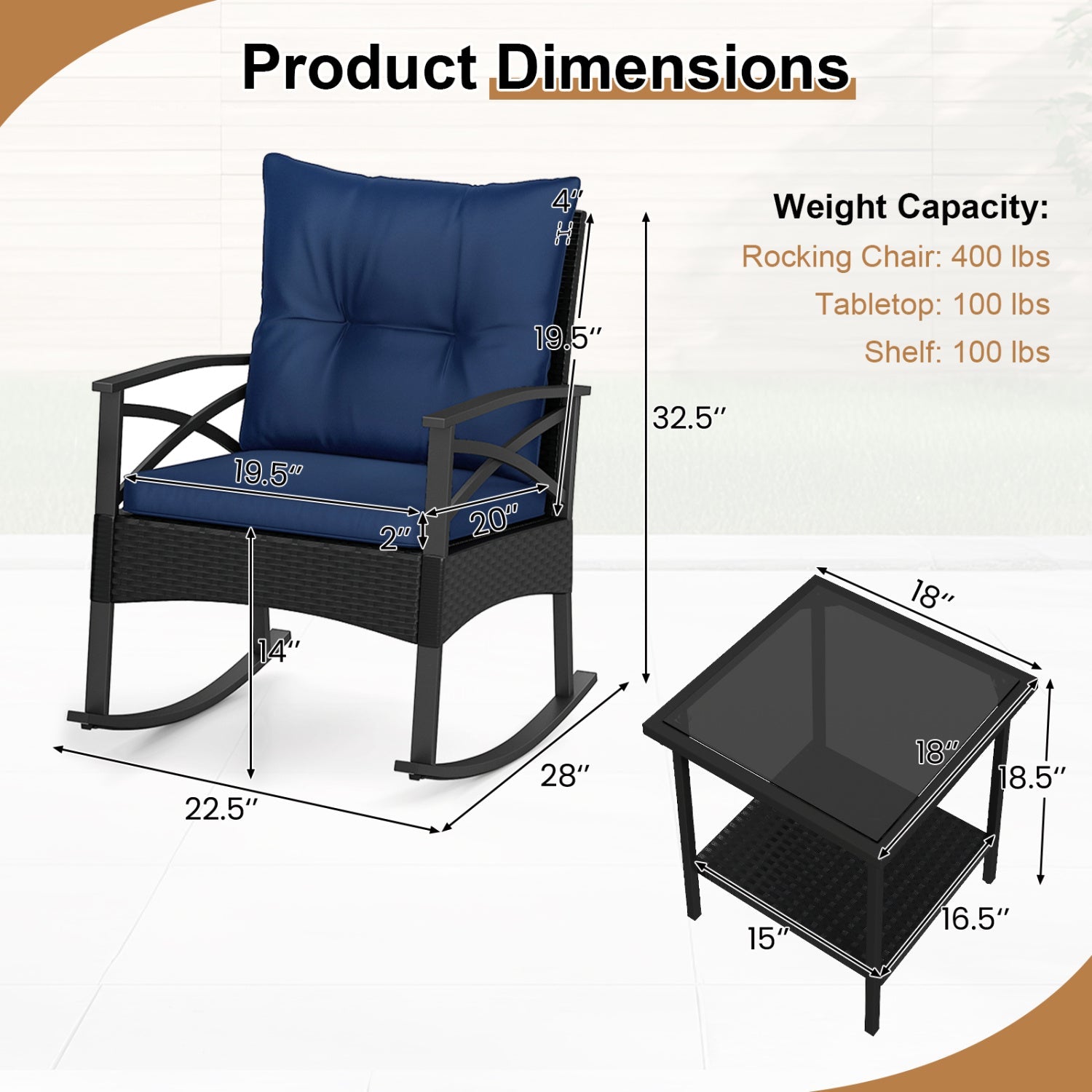 3 Pieces Outdoor Rattan Rocking Chairs Set with 2-Tier Side Table for Garden Backyard by DirectDeals