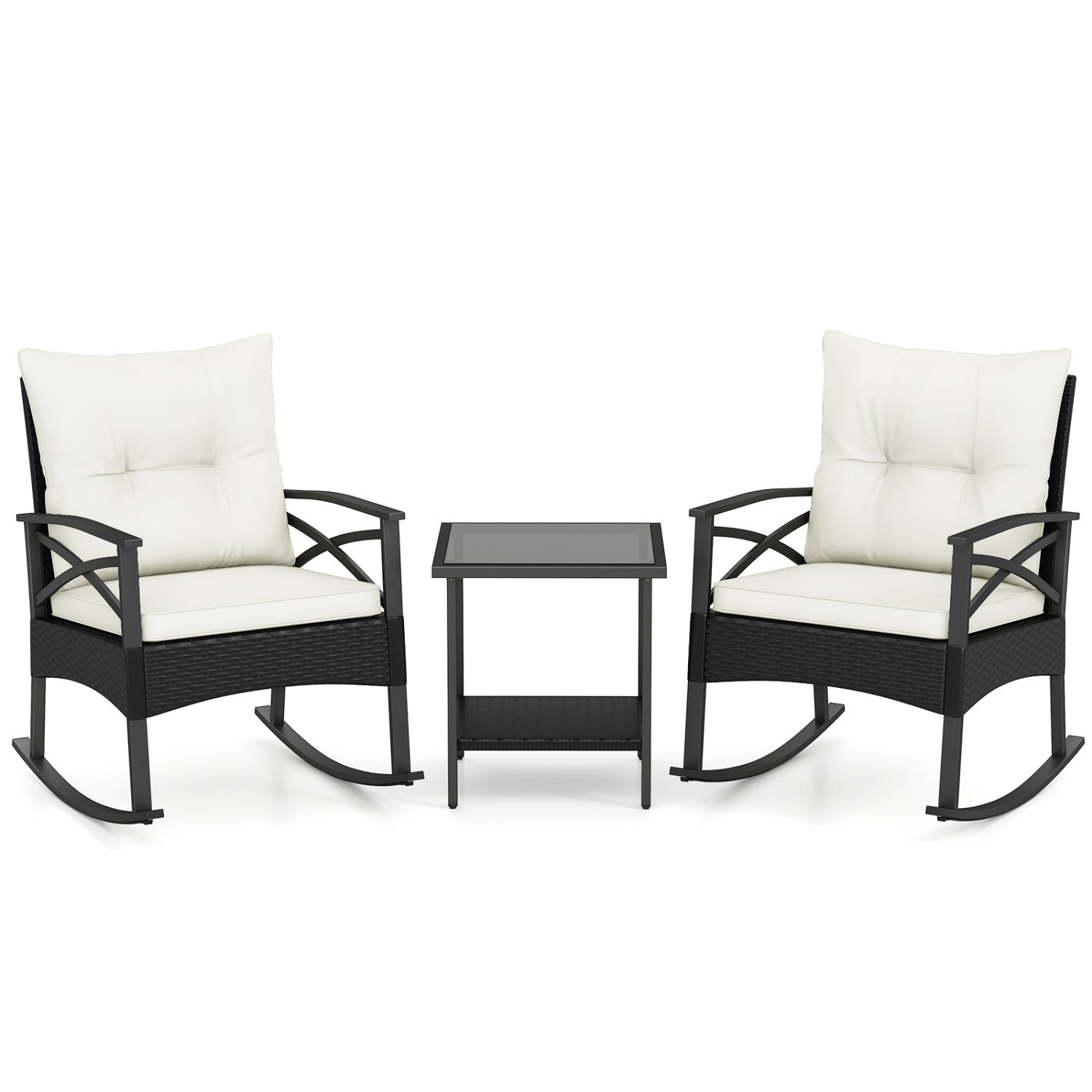 3 Pieces Outdoor Rattan Rocking Chairs Set with 2-Tier Side Table for Garden Backyard by DirectDeals