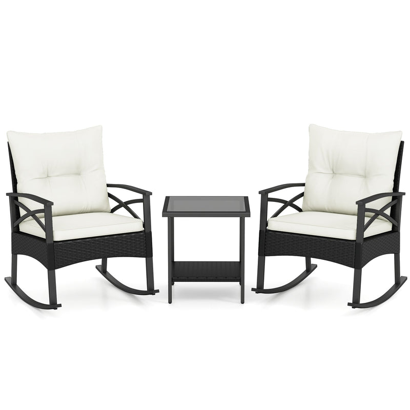 3 Pieces Outdoor Rattan Rocking Chairs Set with 2-Tier Side Table for Garden Backyard by DirectDeals