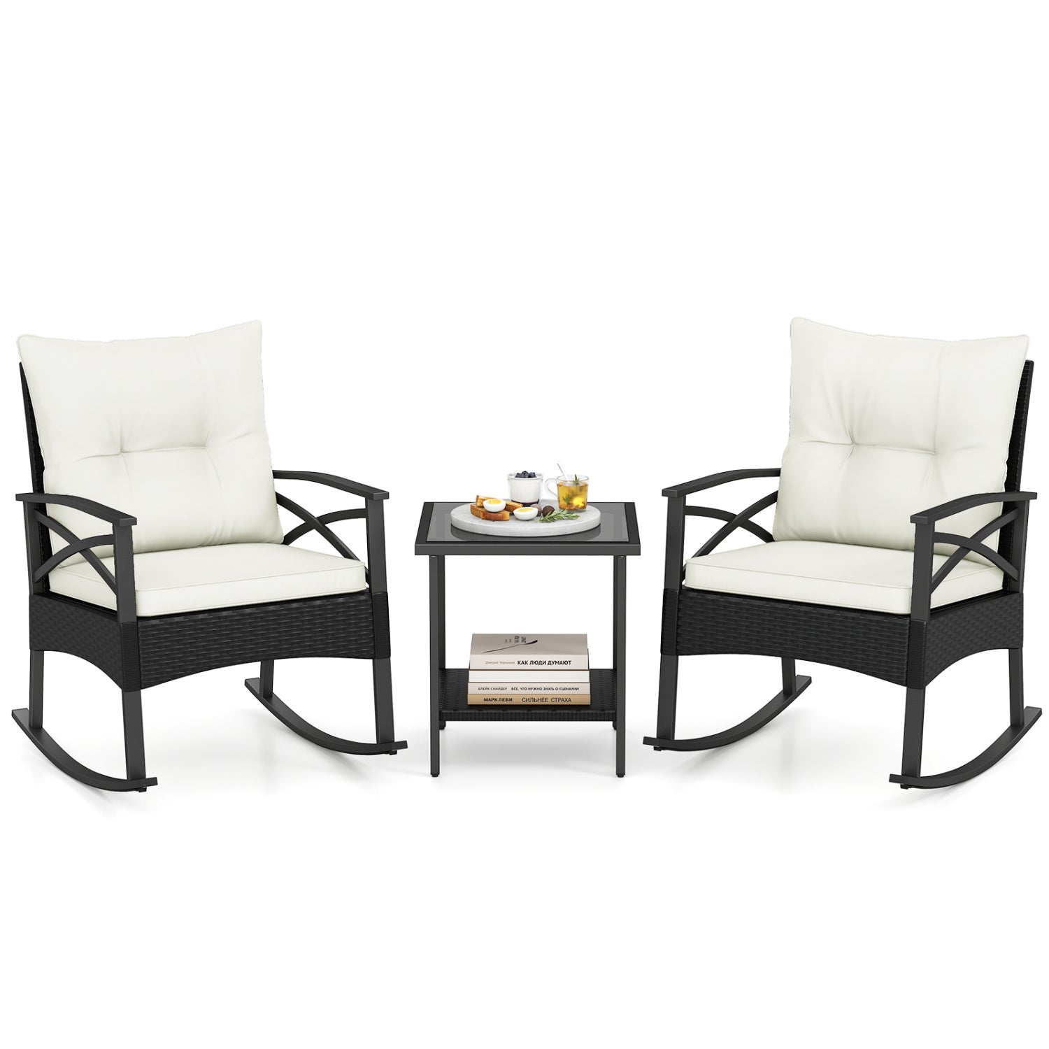 3 Pieces Outdoor Rattan Rocking Chairs Set with 2-Tier Side Table for Garden Backyard by DirectDeals