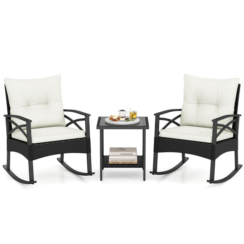 3 Pieces Outdoor Rattan Rocking Chairs Set with 2-Tier Side Table for Garden Backyard by DirectDeals