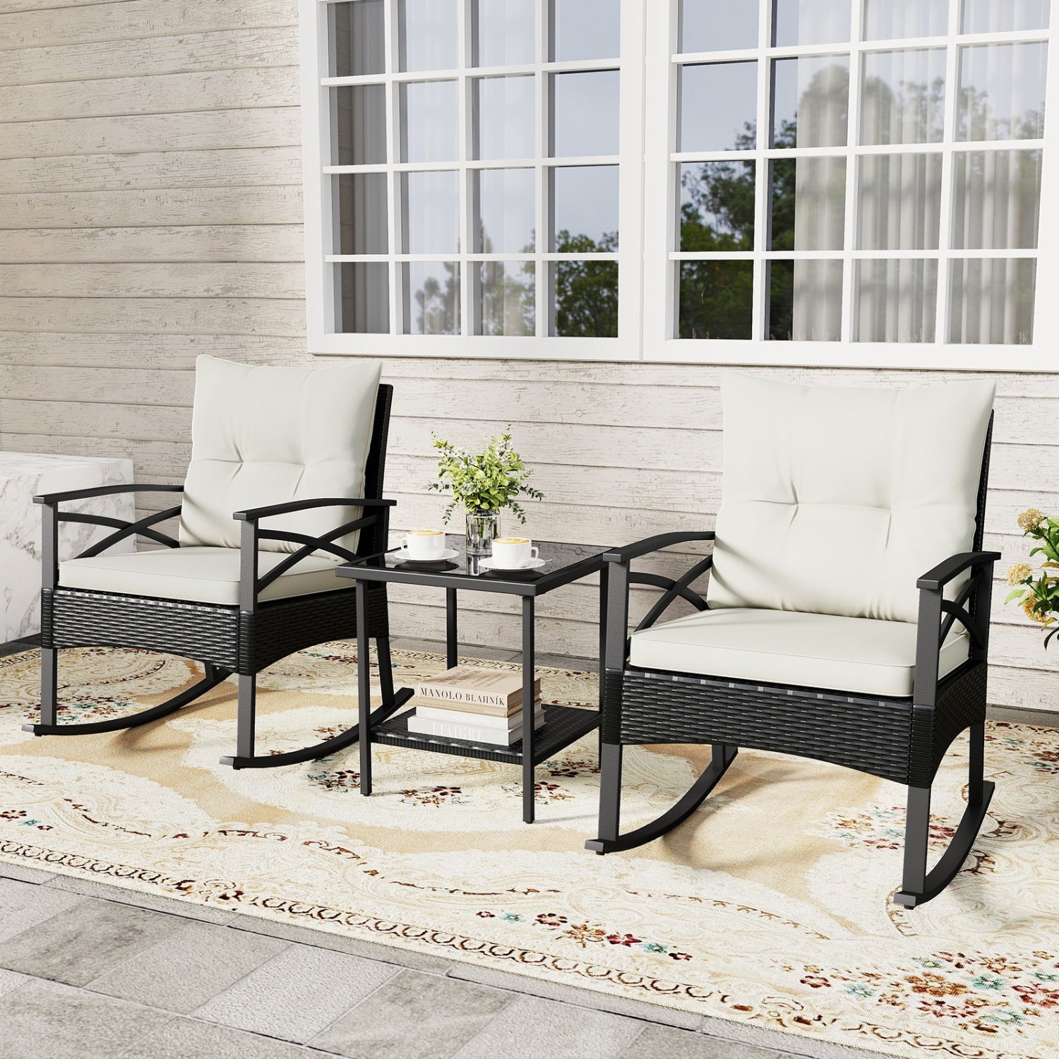 3 Pieces Outdoor Rattan Rocking Chairs Set with 2-Tier Side Table for Garden Backyard by DirectDeals