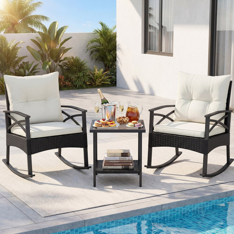 3 Pieces Outdoor Rattan Rocking Chairs Set with 2-Tier Side Table for Garden Backyard by DirectDeals