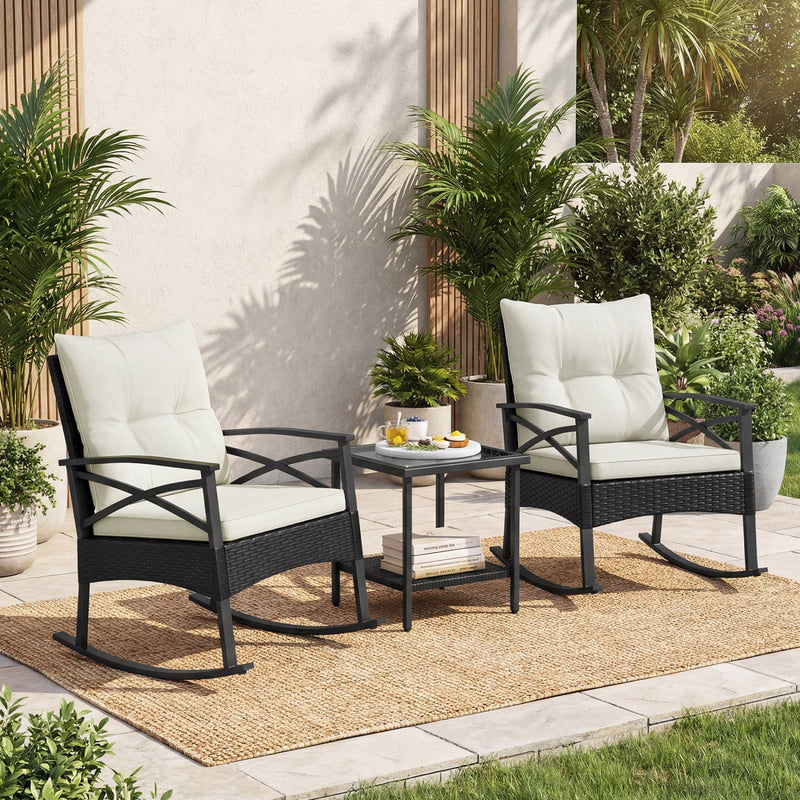3 Pieces Outdoor Rattan Rocking Chairs Set with 2-Tier Side Table for Garden Backyard by DirectDeals