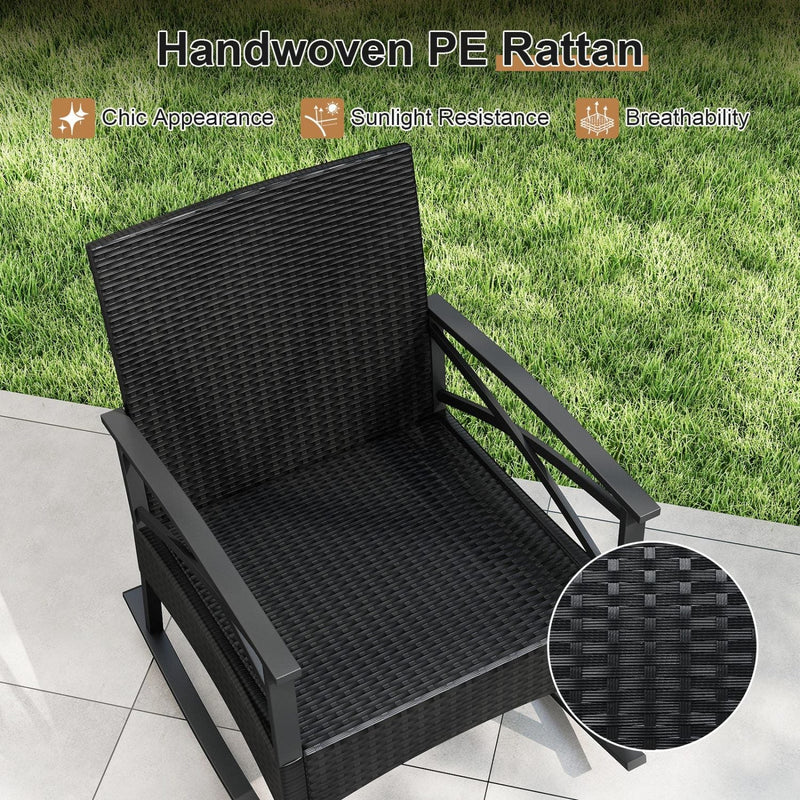 3 Pieces Outdoor Rattan Rocking Chairs Set with 2-Tier Side Table for Garden Backyard by DirectDeals