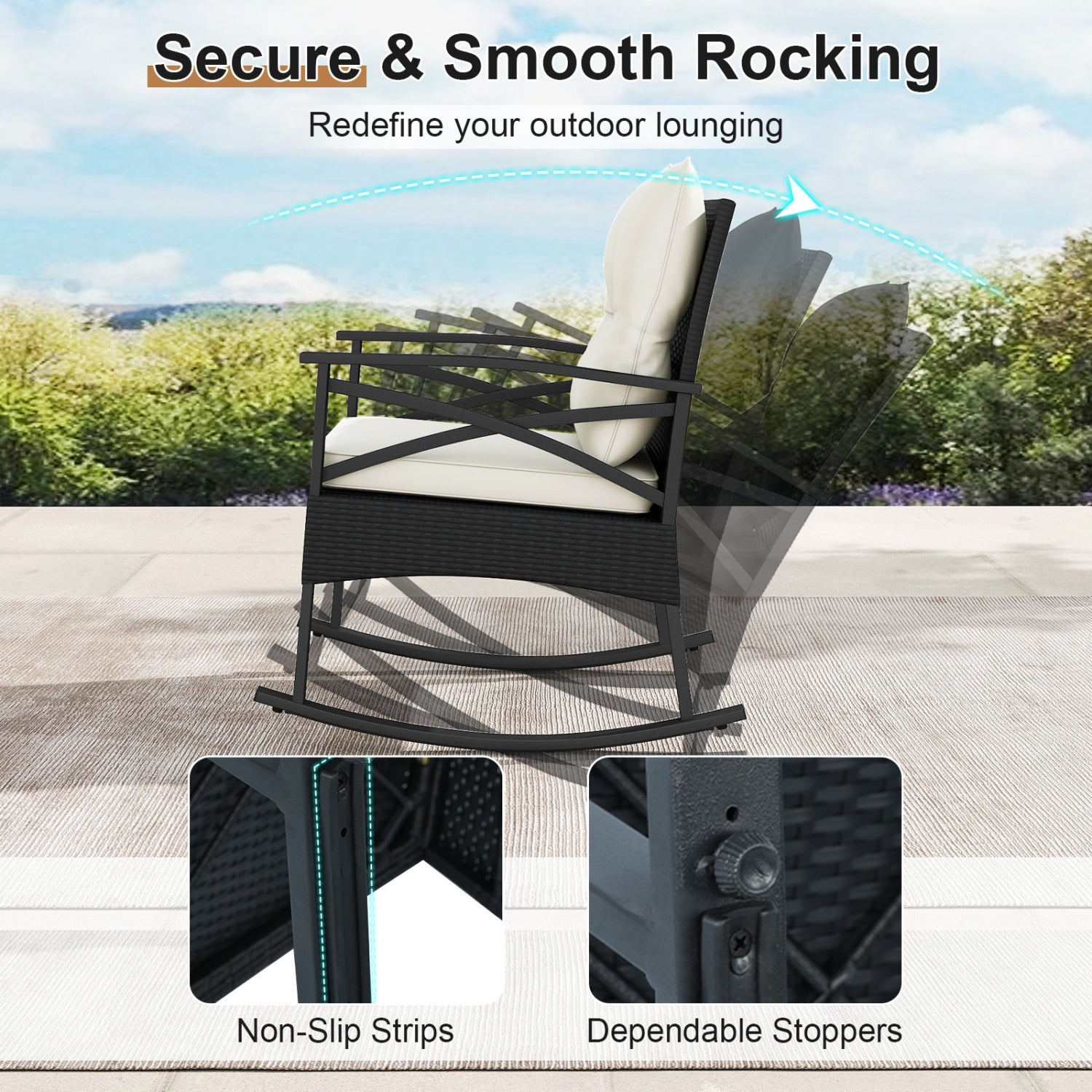 3 Pieces Outdoor Rattan Rocking Chairs Set with 2-Tier Side Table for Garden Backyard by DirectDeals