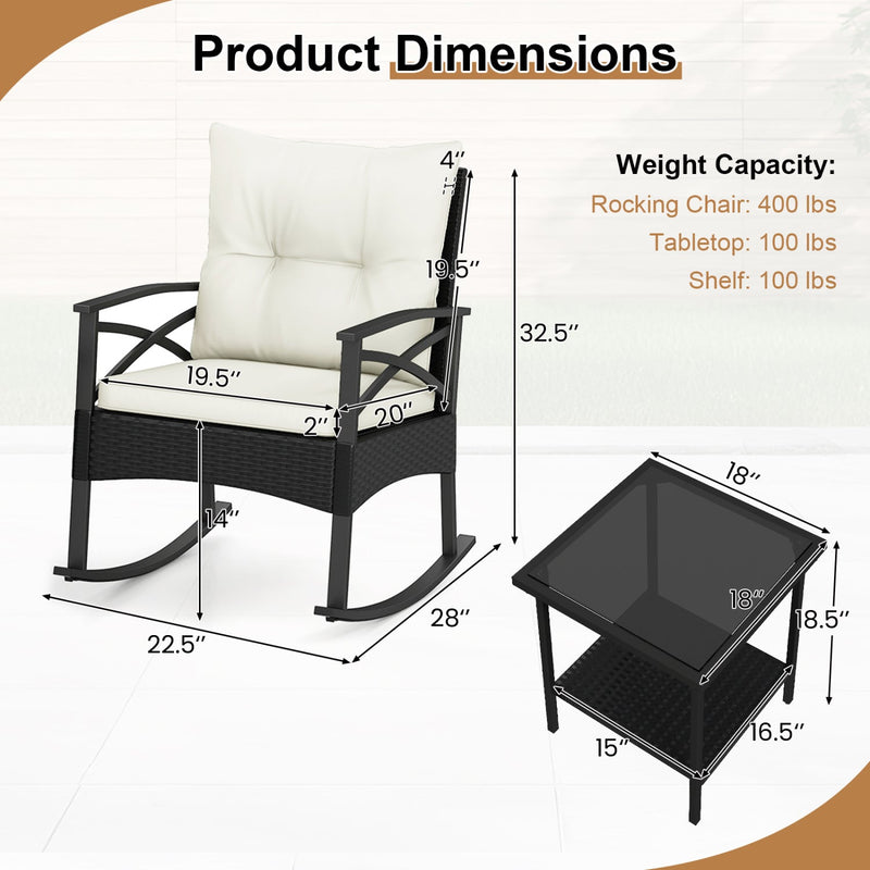 3 Pieces Outdoor Rattan Rocking Chairs Set with 2-Tier Side Table for Garden Backyard by DirectDeals