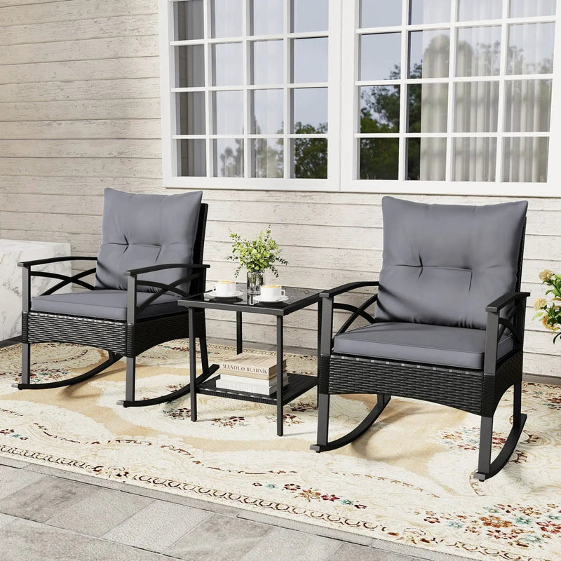 Outdoor Rattan Rocking Chair Set with Side Table - 3 Pieces by DirectDeals