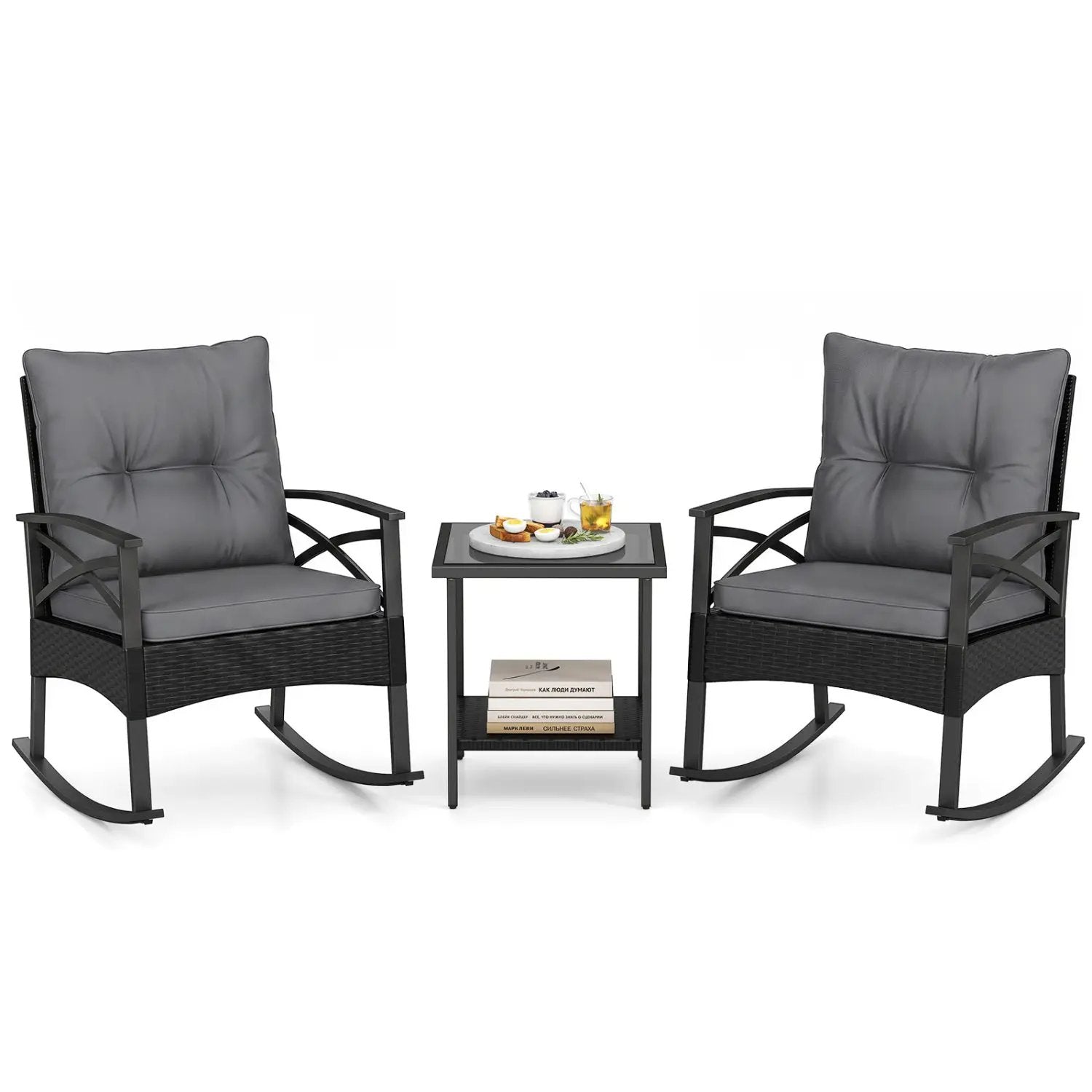Outdoor Rattan Rocking Chair Set with Side Table - 3 Pieces by DirectDeals