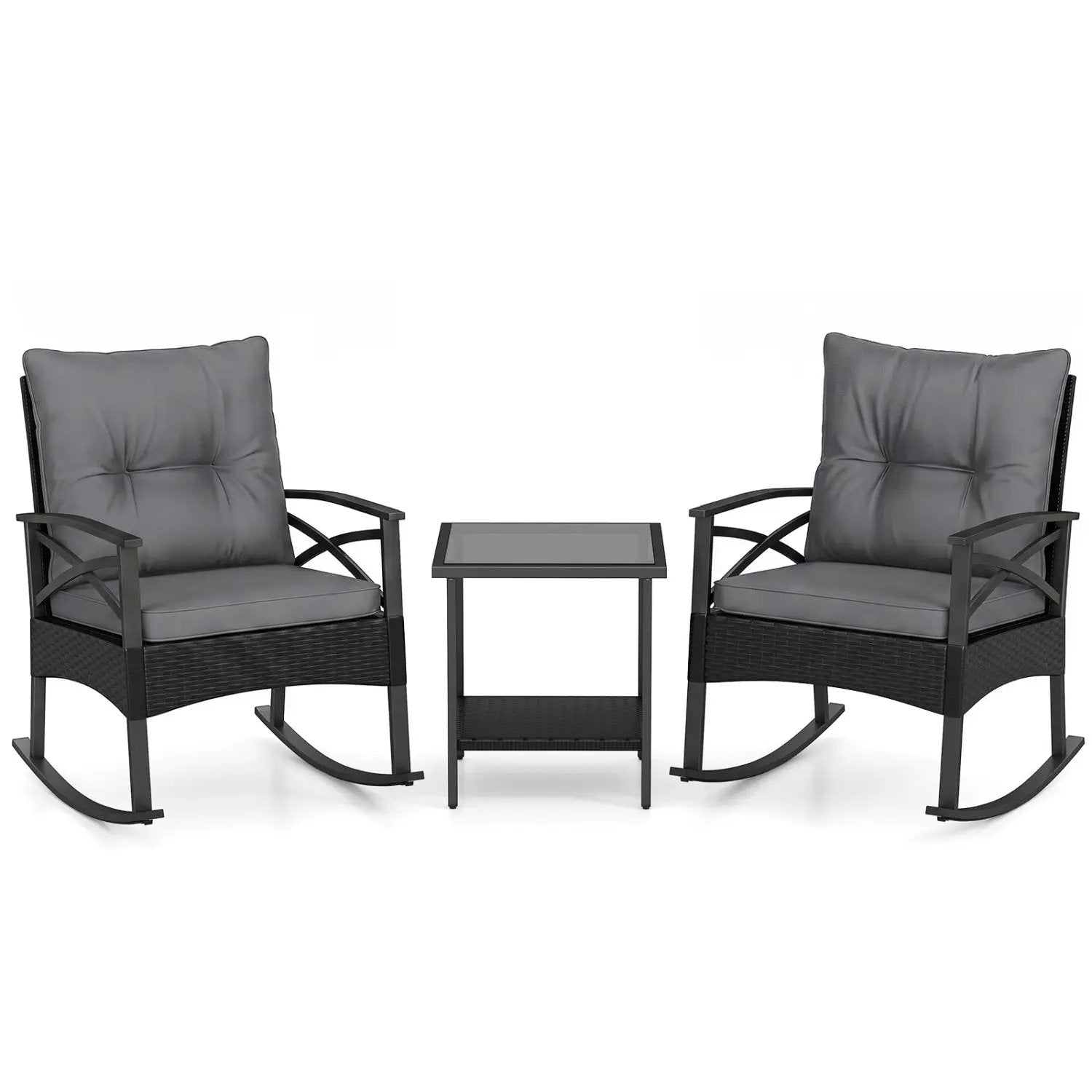 Outdoor Rattan Rocking Chair Set with Side Table - 3 Pieces by DirectDeals