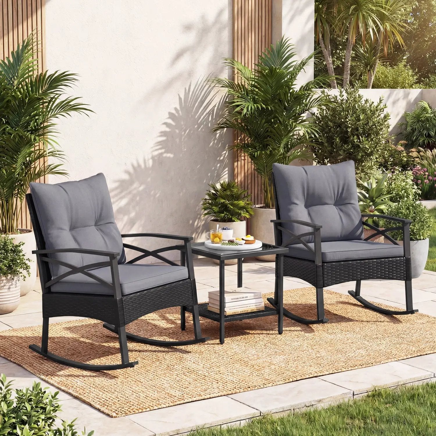 Outdoor Rattan Rocking Chair Set with Side Table - 3 Pieces by DirectDeals