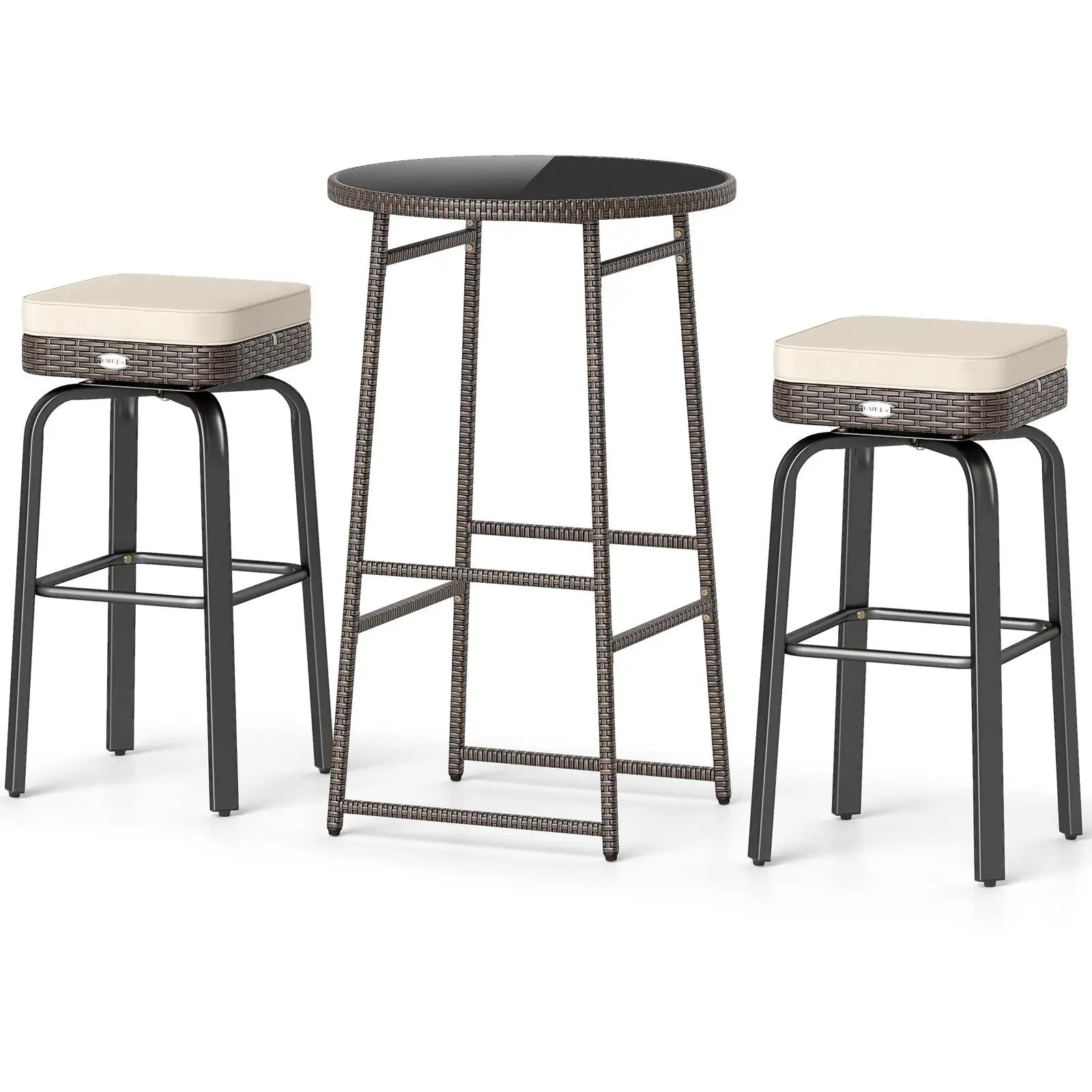 3 Pieces Outdoor Swivel Bar Set PE Rattan Bar Height Table with 2 Chairs-White by DirectDeals