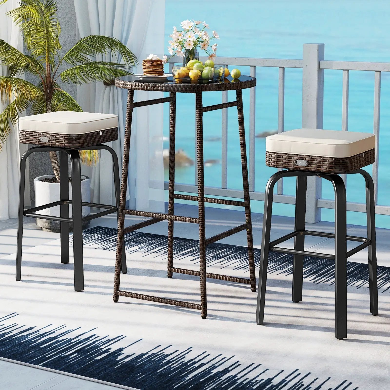 3 Pieces Outdoor Swivel Bar Set PE Rattan Bar Height Table with 2 Chairs-White by DirectDeals