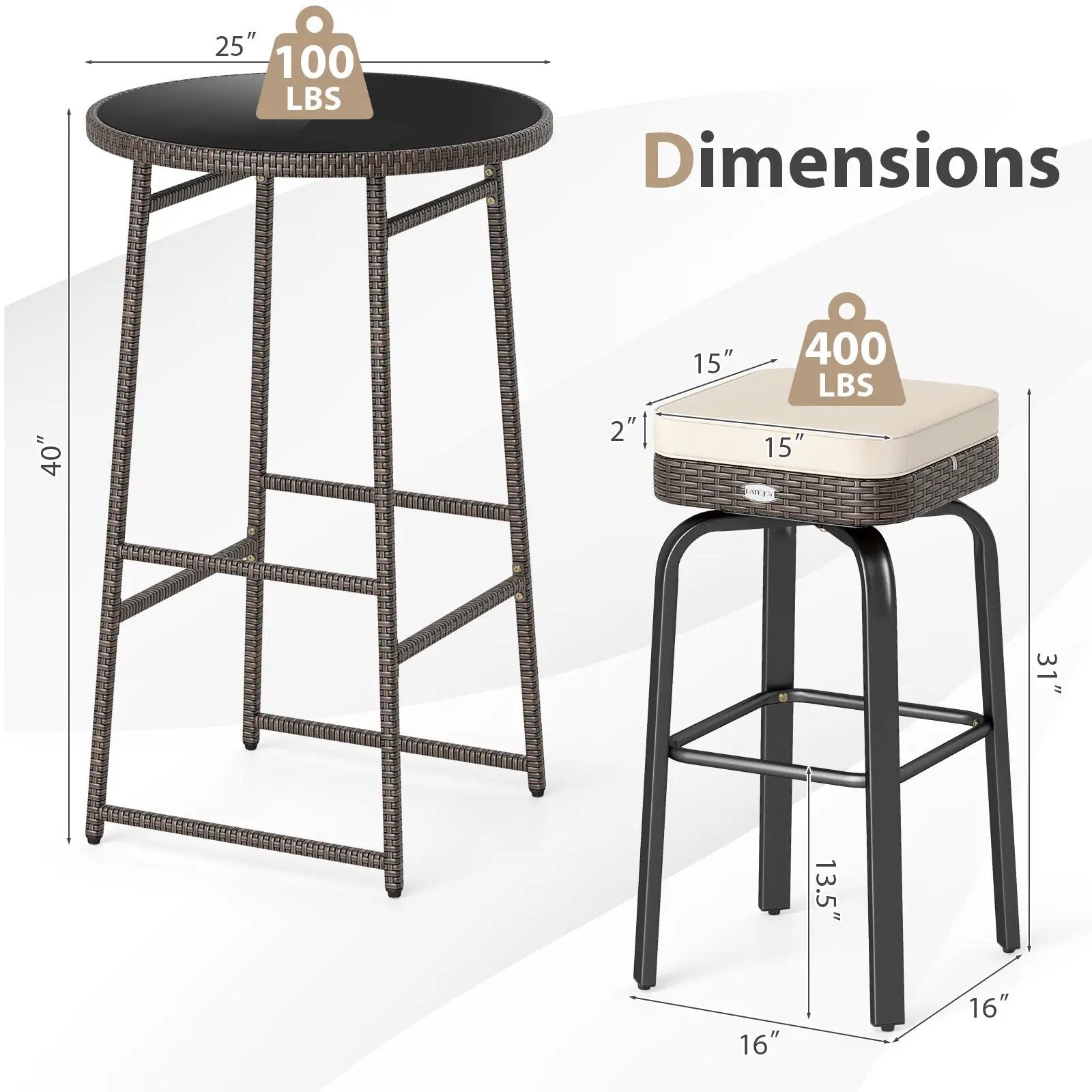 3 Pieces Outdoor Swivel Bar Set PE Rattan Bar Height Table with 2 Chairs-White by DirectDeals