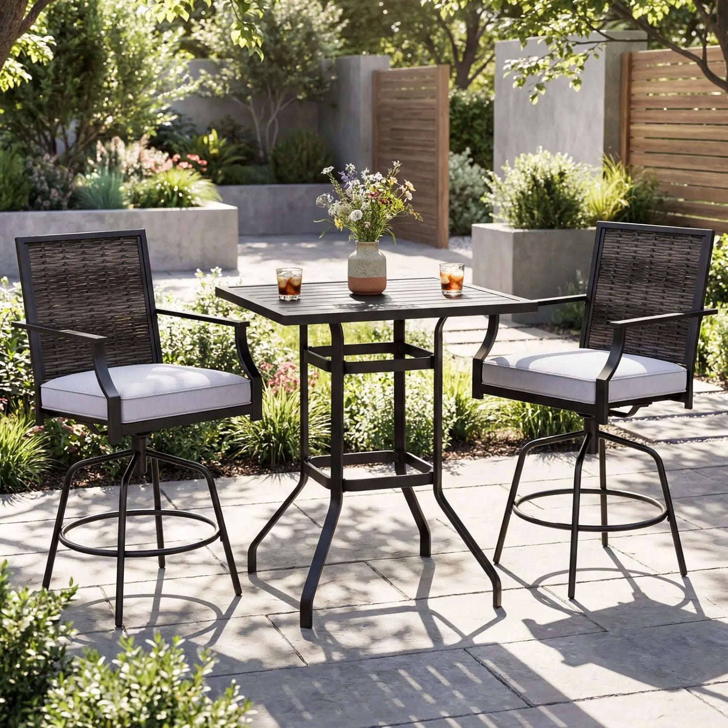 3 Pieces Outdoor Swivel Bar Set High Top Patio Bar Table and Rattan Wicker Chairs by DirectDeals