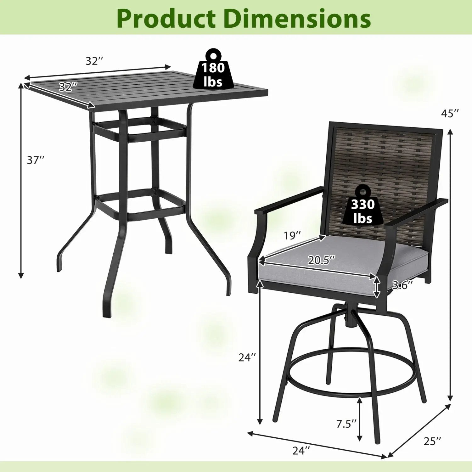 3 Pieces Outdoor Swivel Bar Set High Top Patio Bar Table and Rattan Wicker Chairs by DirectDeals