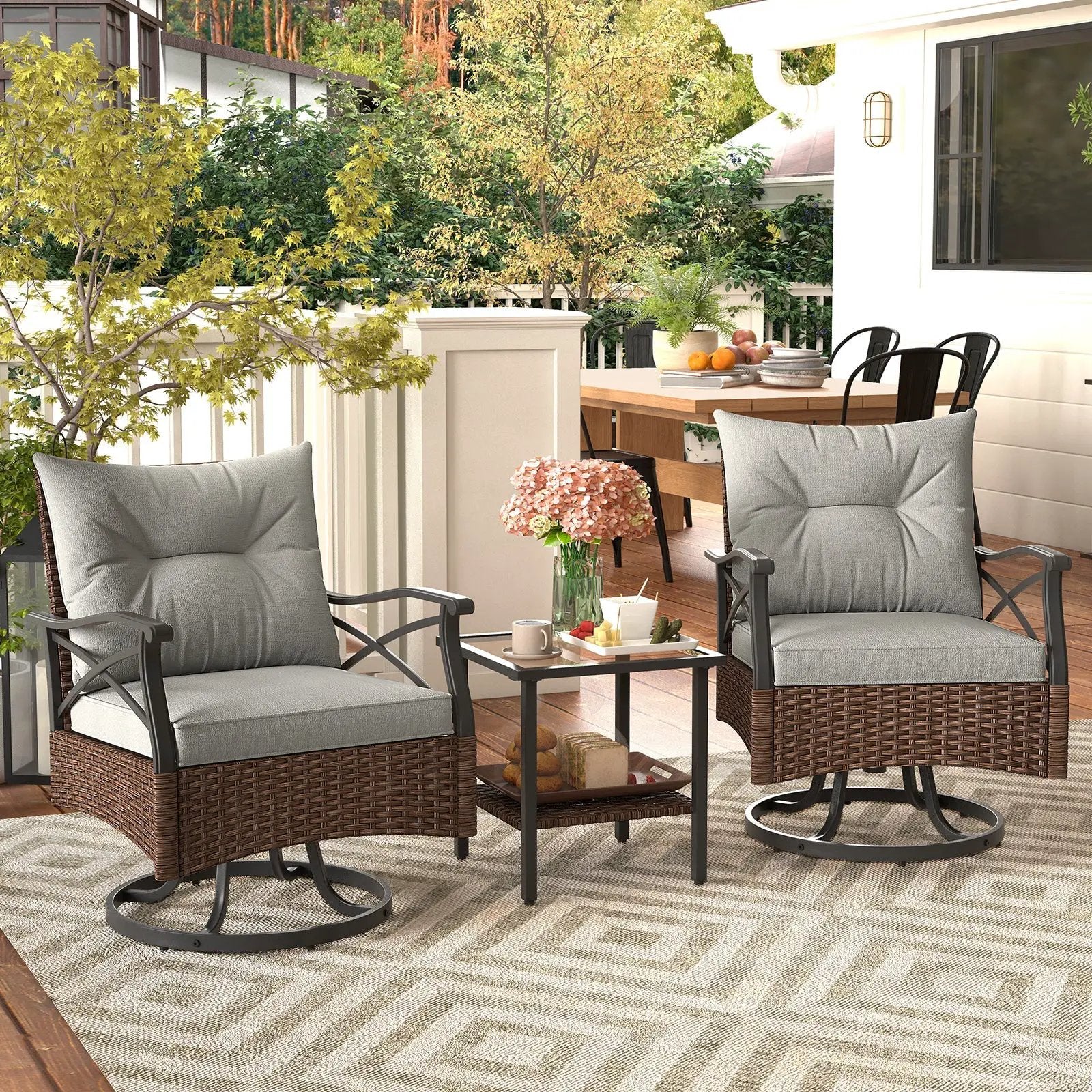 3 Pieces Outdoor Swivel Rocking Chairs Set with 2-Tier Tempered Glass Side Table-Brown by DirectDeals