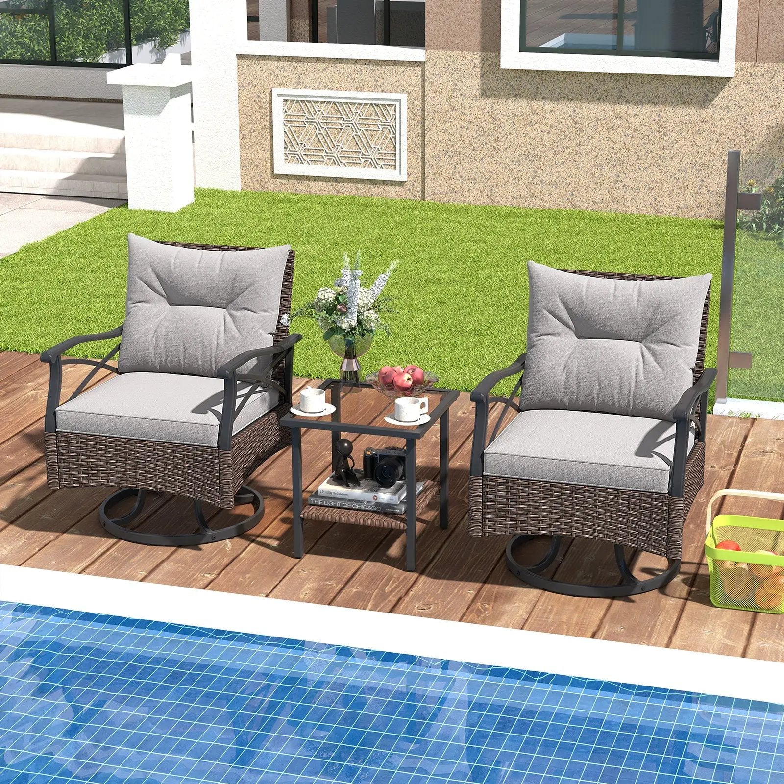 3 Pieces Outdoor Swivel Rocking Chairs Set with 2-Tier Tempered Glass Side Table-Brown by DirectDeals