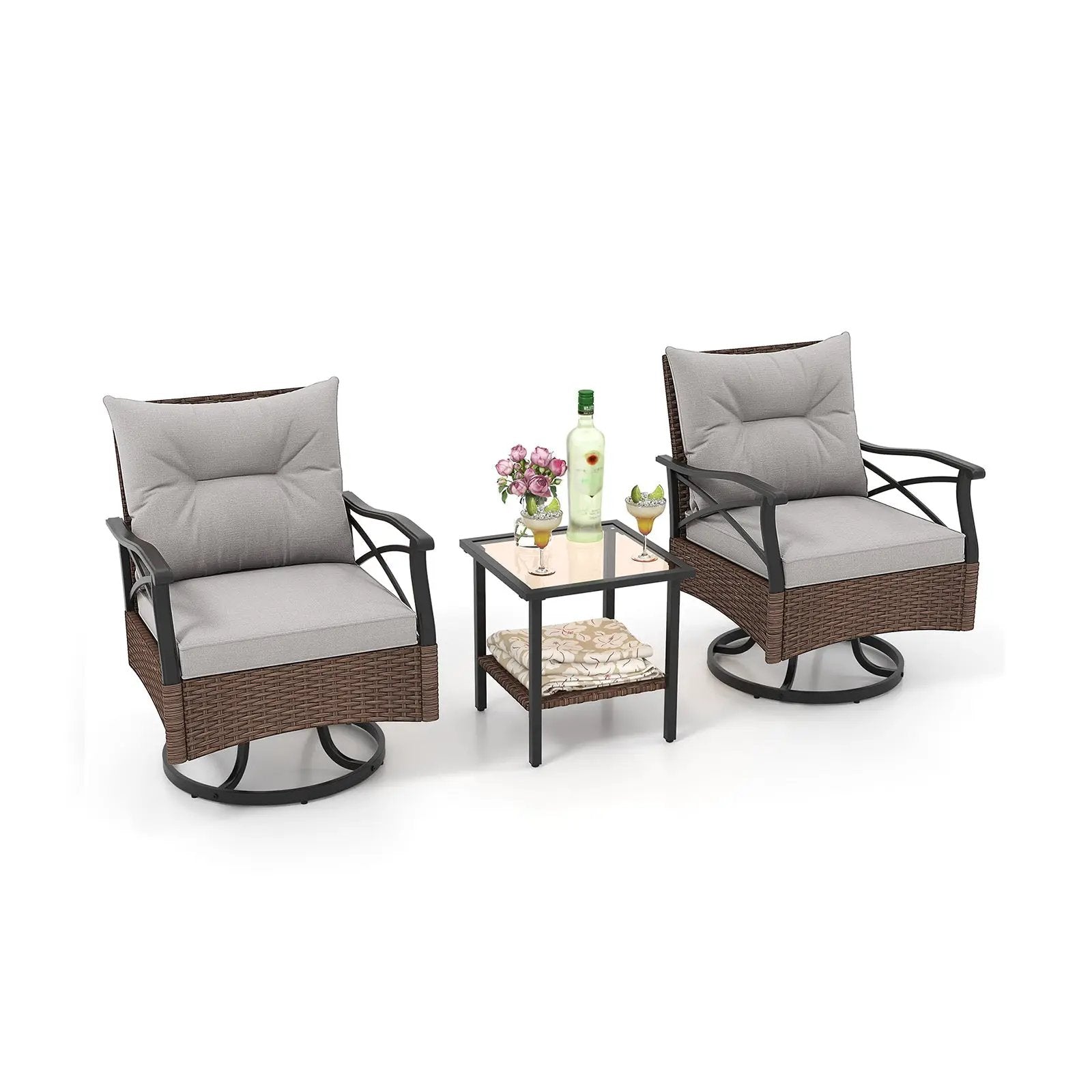 3 Pieces Outdoor Swivel Rocking Chairs Set with 2-Tier Tempered Glass Side Table-Brown by DirectDeals