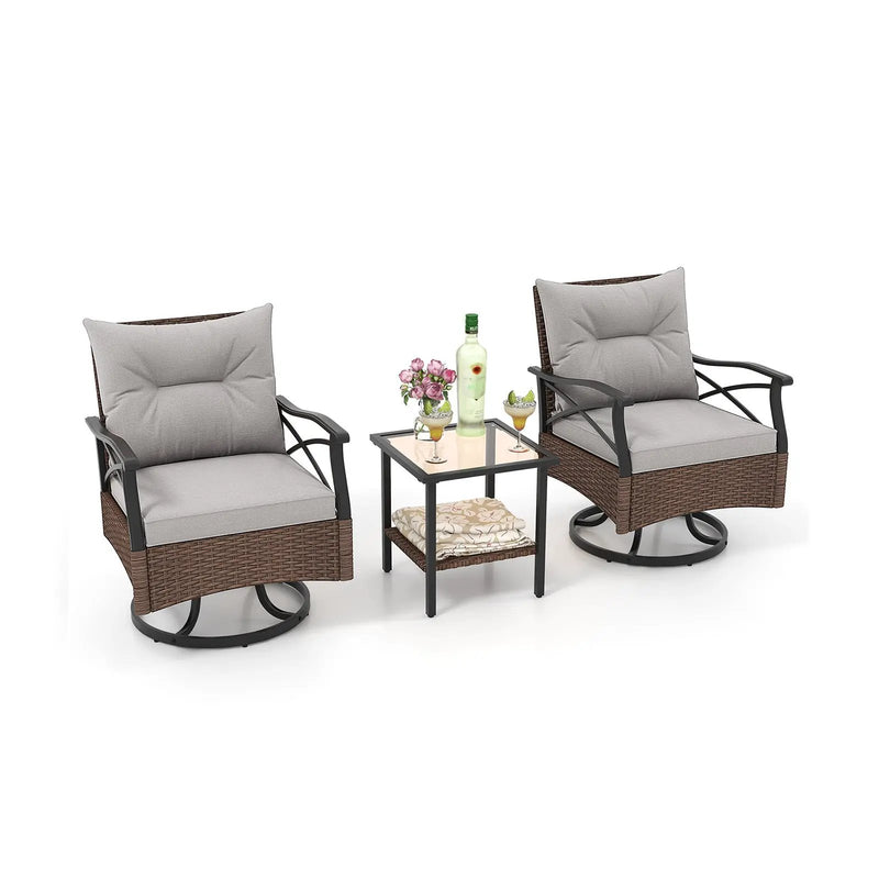 3 Pieces Outdoor Swivel Rocking Chairs Set with 2-Tier Tempered Glass Side Table-Brown by DirectDeals