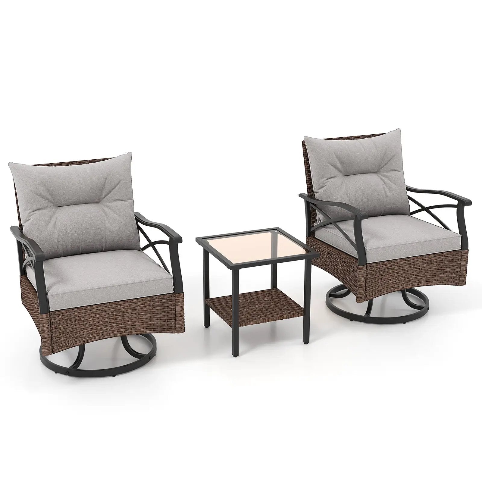 3 Pieces Outdoor Swivel Rocking Chairs Set with 2-Tier Tempered Glass Side Table-Brown by DirectDeals