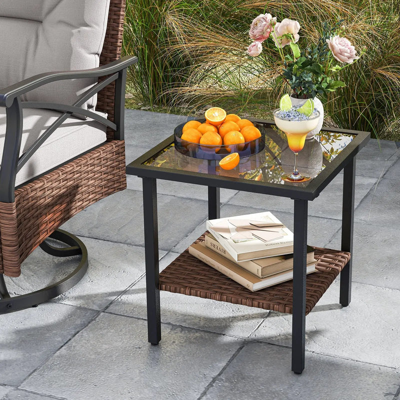 3 Pieces Outdoor Swivel Rocking Chairs Set with 2-Tier Tempered Glass Side Table-Brown by DirectDeals