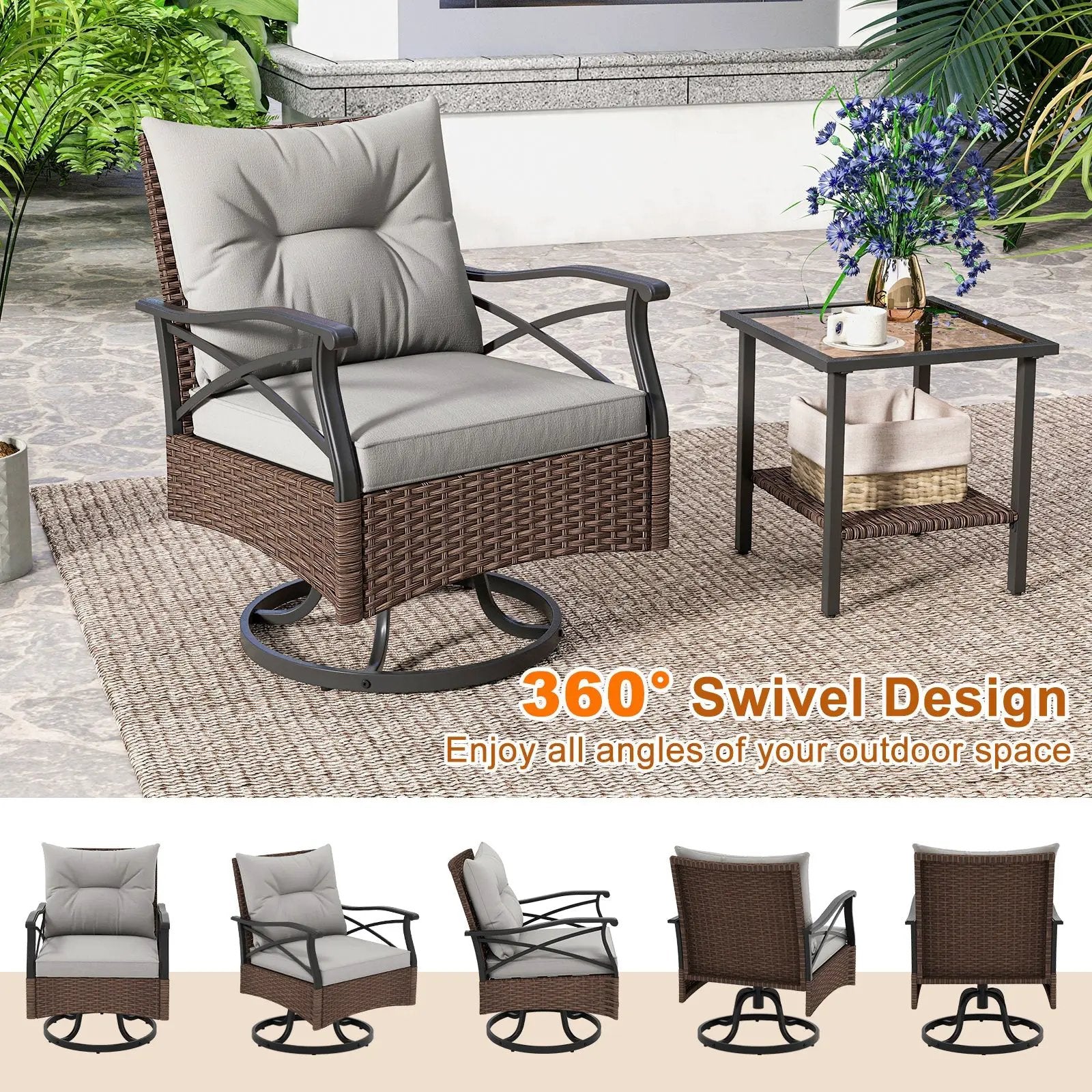3 Pieces Outdoor Swivel Rocking Chairs Set with 2-Tier Tempered Glass Side Table-Brown by DirectDeals