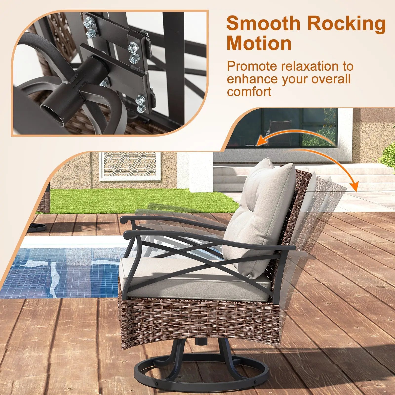 3 Pieces Outdoor Swivel Rocking Chairs Set with 2-Tier Tempered Glass Side Table-Brown by DirectDeals