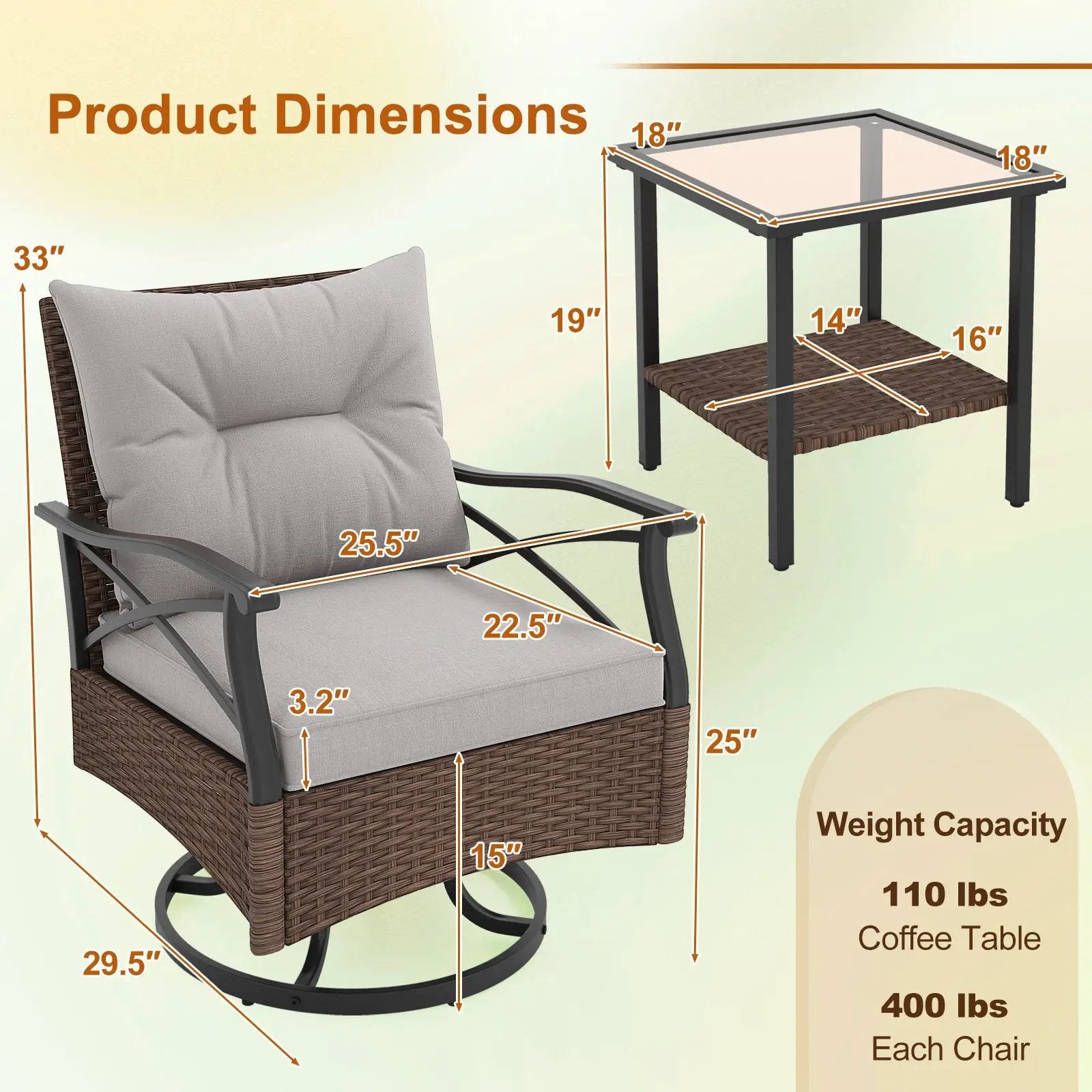 3 Pieces Outdoor Swivel Rocking Chairs Set with 2-Tier Tempered Glass Side Table-Brown by DirectDeals