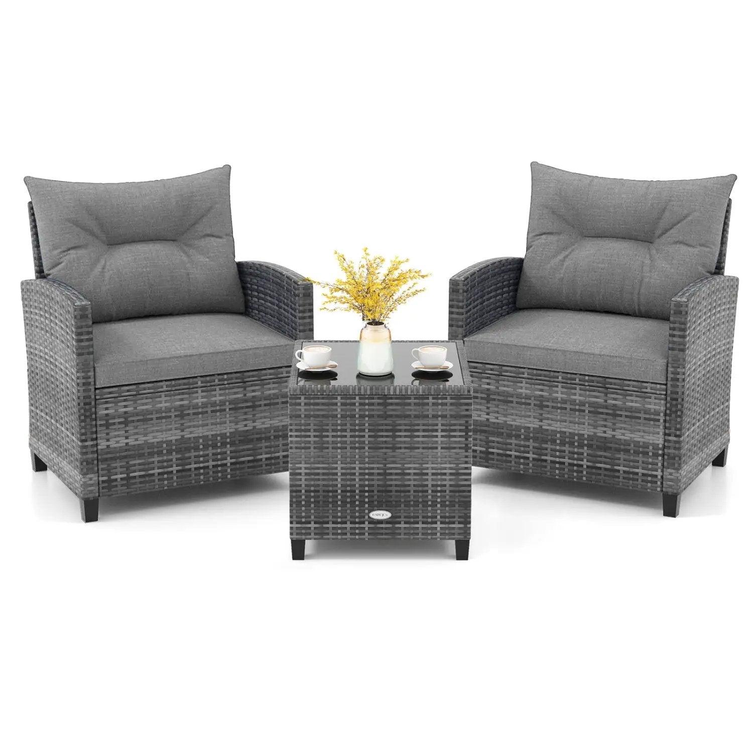3 Pieces Outdoor Wicker Conversation Set with Tempered Glass Tabletop by DirectDeals