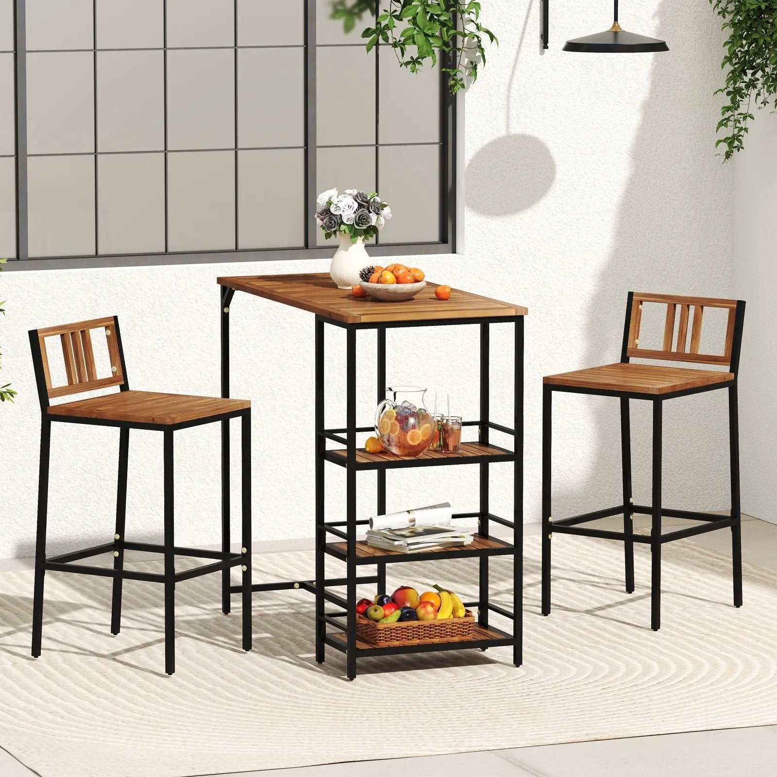 3 Pieces Outdoor Wood Bar Set with 3-Tier Storage Shelf and Metal Frame by DirectDeals