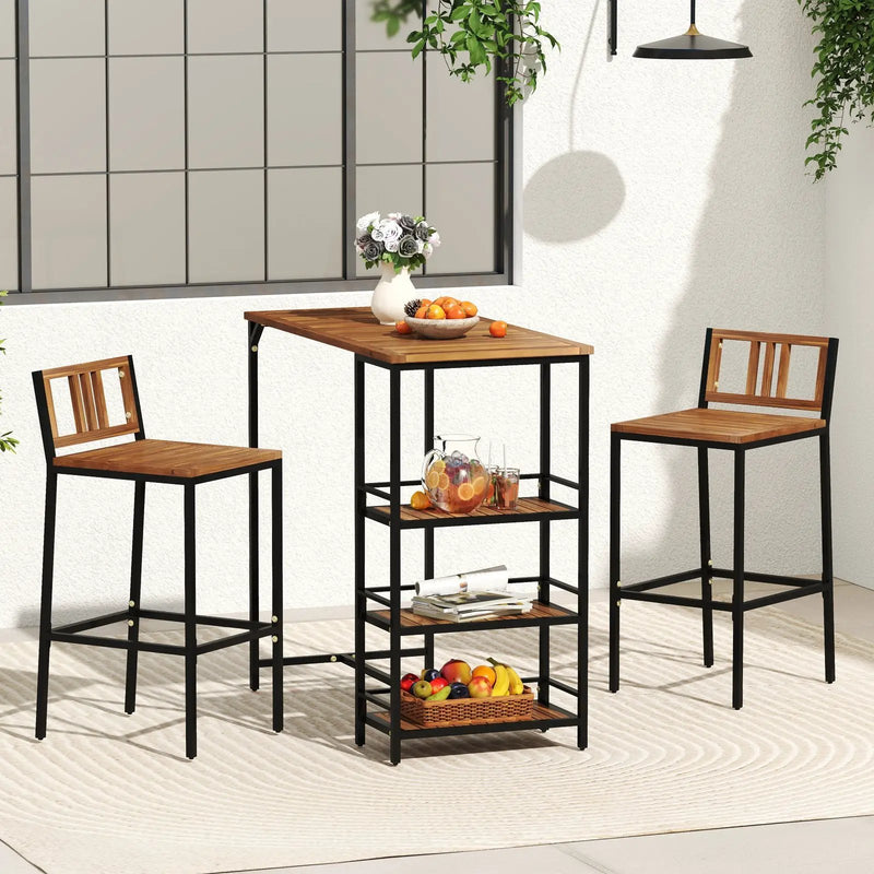 3 Pieces Outdoor Wood Bar Set with 3-Tier Storage Shelf and Metal Frame by DirectDeals