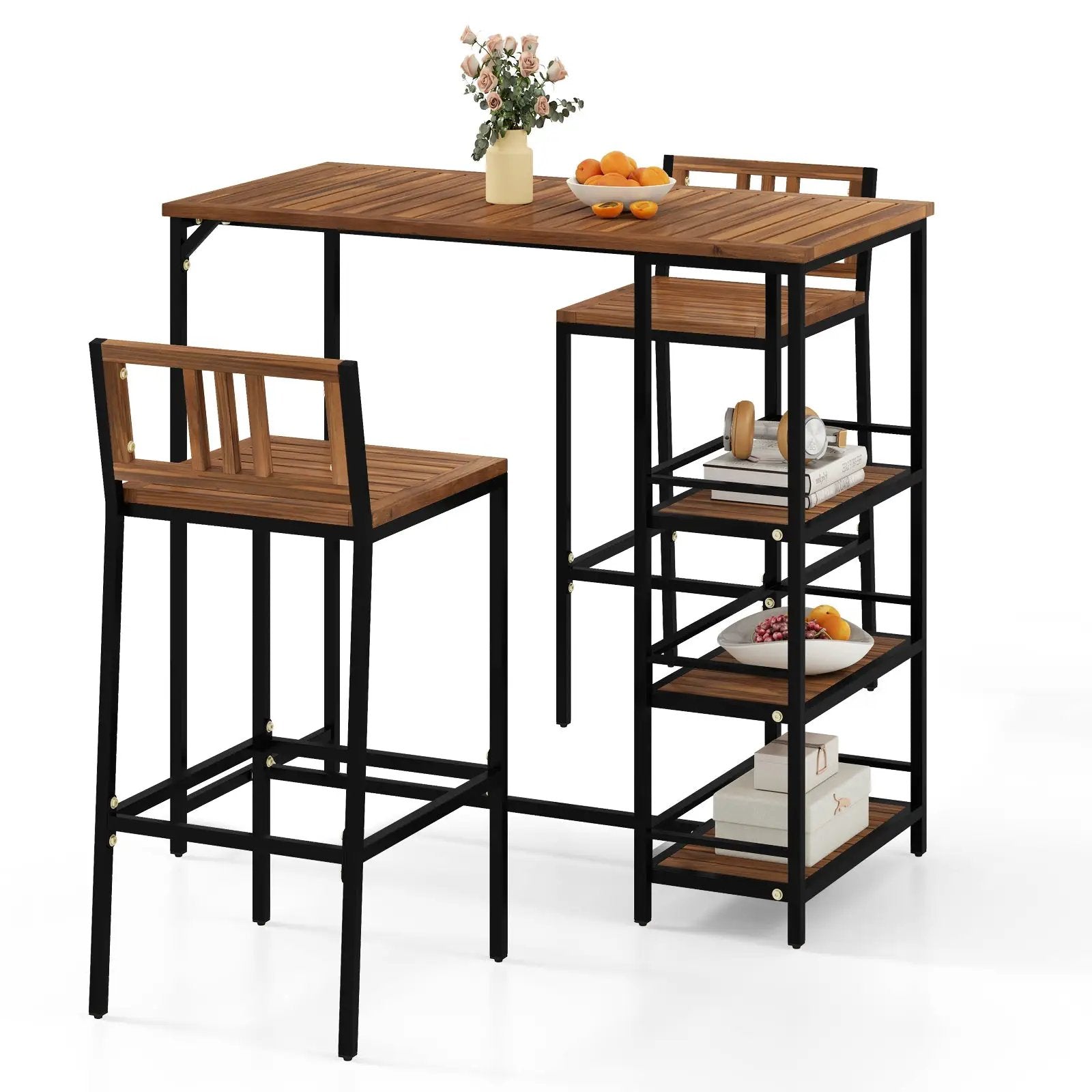 3 Pieces Outdoor Wood Bar Set with 3-Tier Storage Shelf and Metal Frame by DirectDeals
