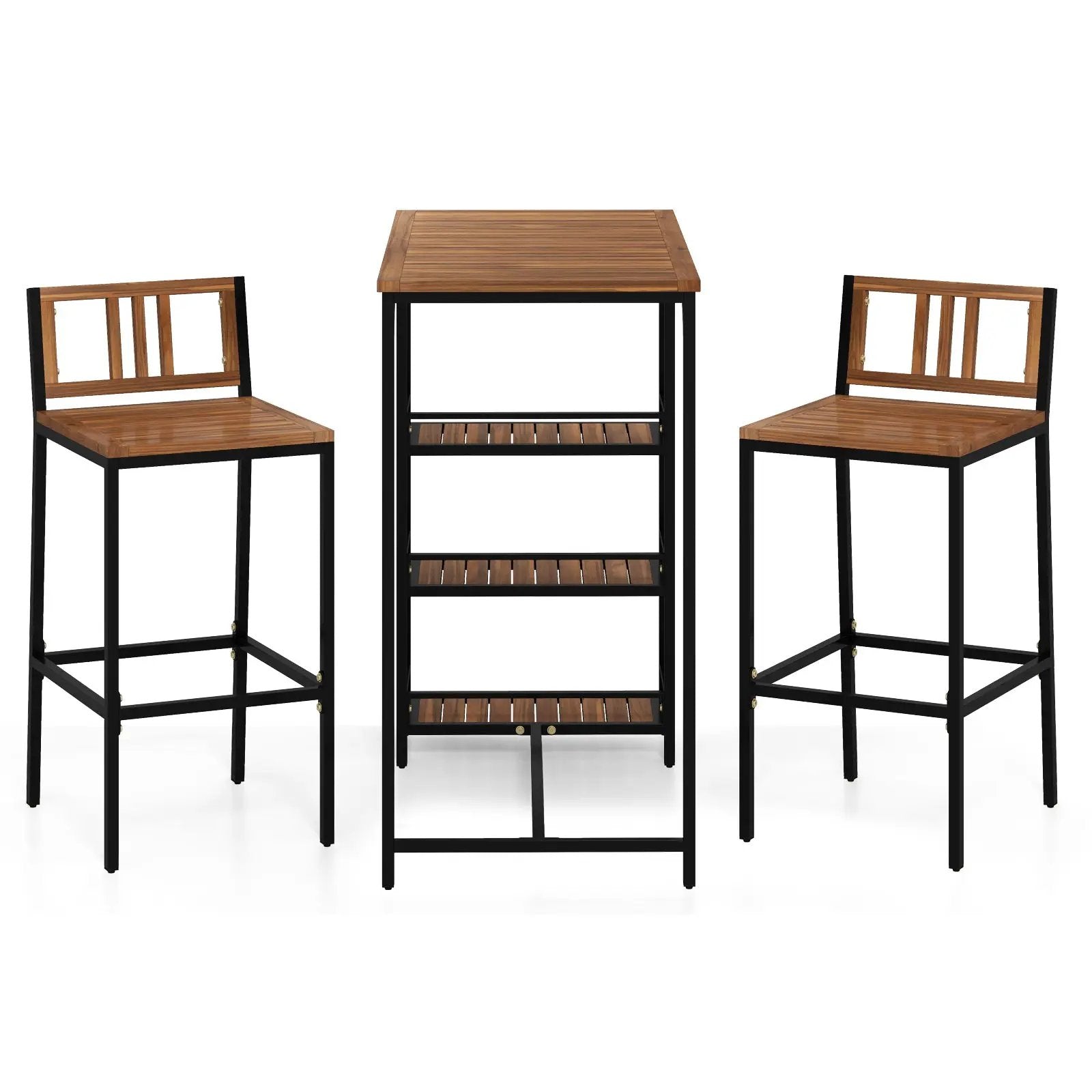 3 Pieces Outdoor Wood Bar Set with 3-Tier Storage Shelf and Metal Frame by DirectDeals