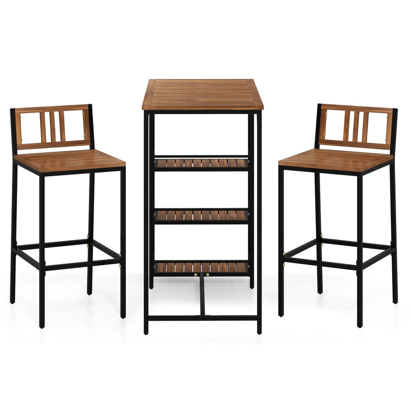 3 Pieces Outdoor Wood Bar Set with 3-Tier Storage Shelf and Metal Frame by DirectDeals