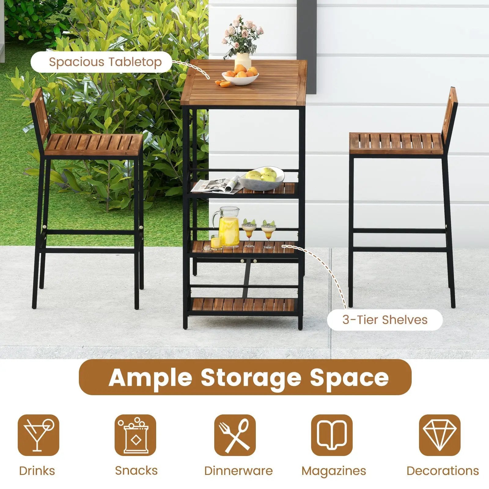 3 Pieces Outdoor Wood Bar Set with 3-Tier Storage Shelf and Metal Frame by DirectDeals