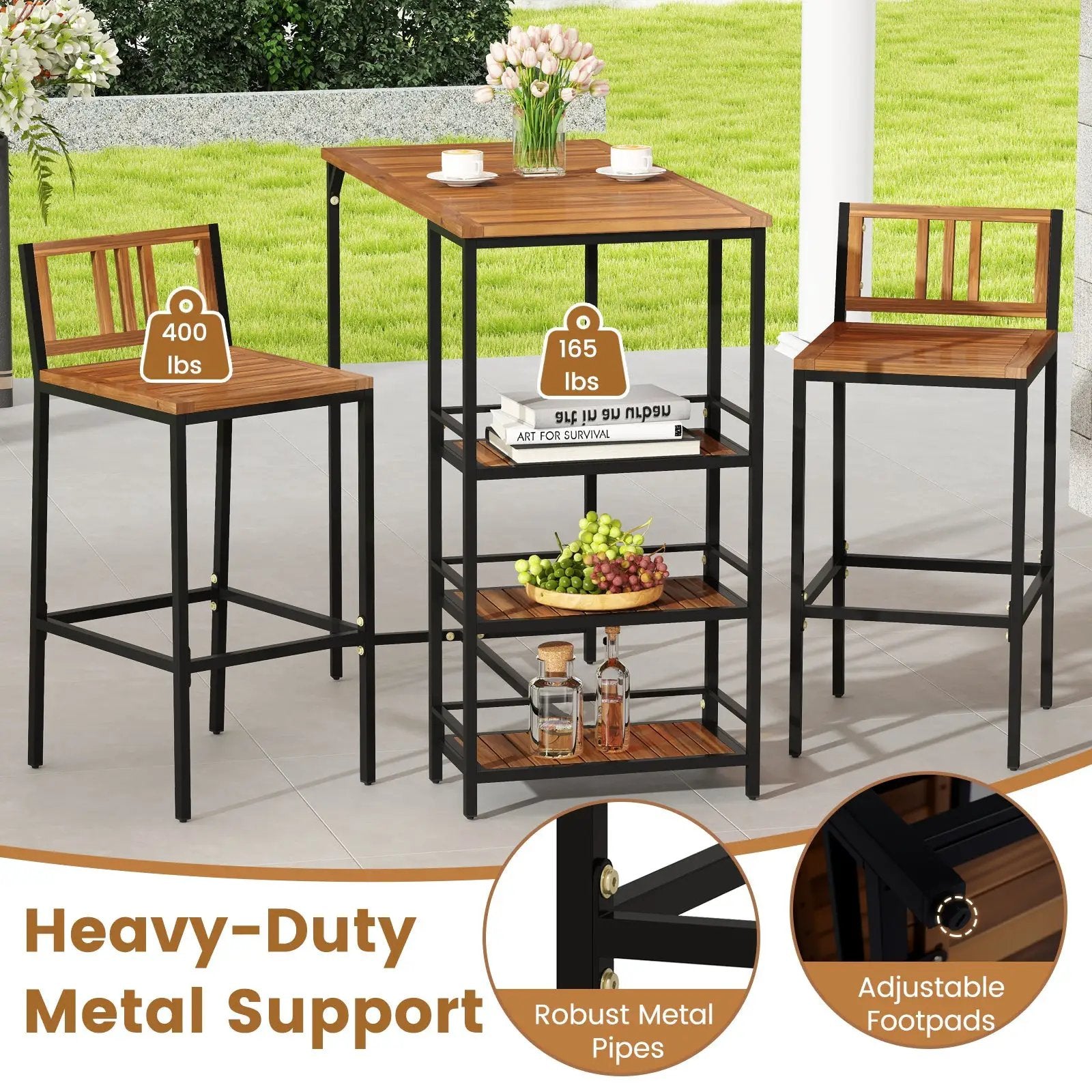 3 Pieces Outdoor Wood Bar Set with 3-Tier Storage Shelf and Metal Frame by DirectDeals