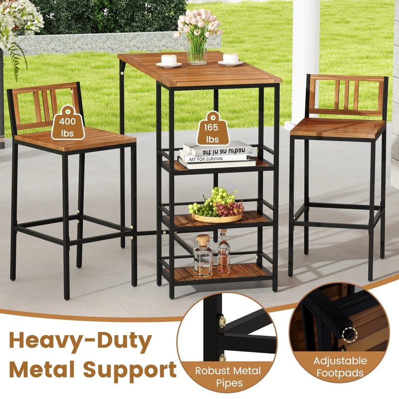 3 Pieces Outdoor Wood Bar Set with 3-Tier Storage Shelf and Metal Frame by DirectDeals