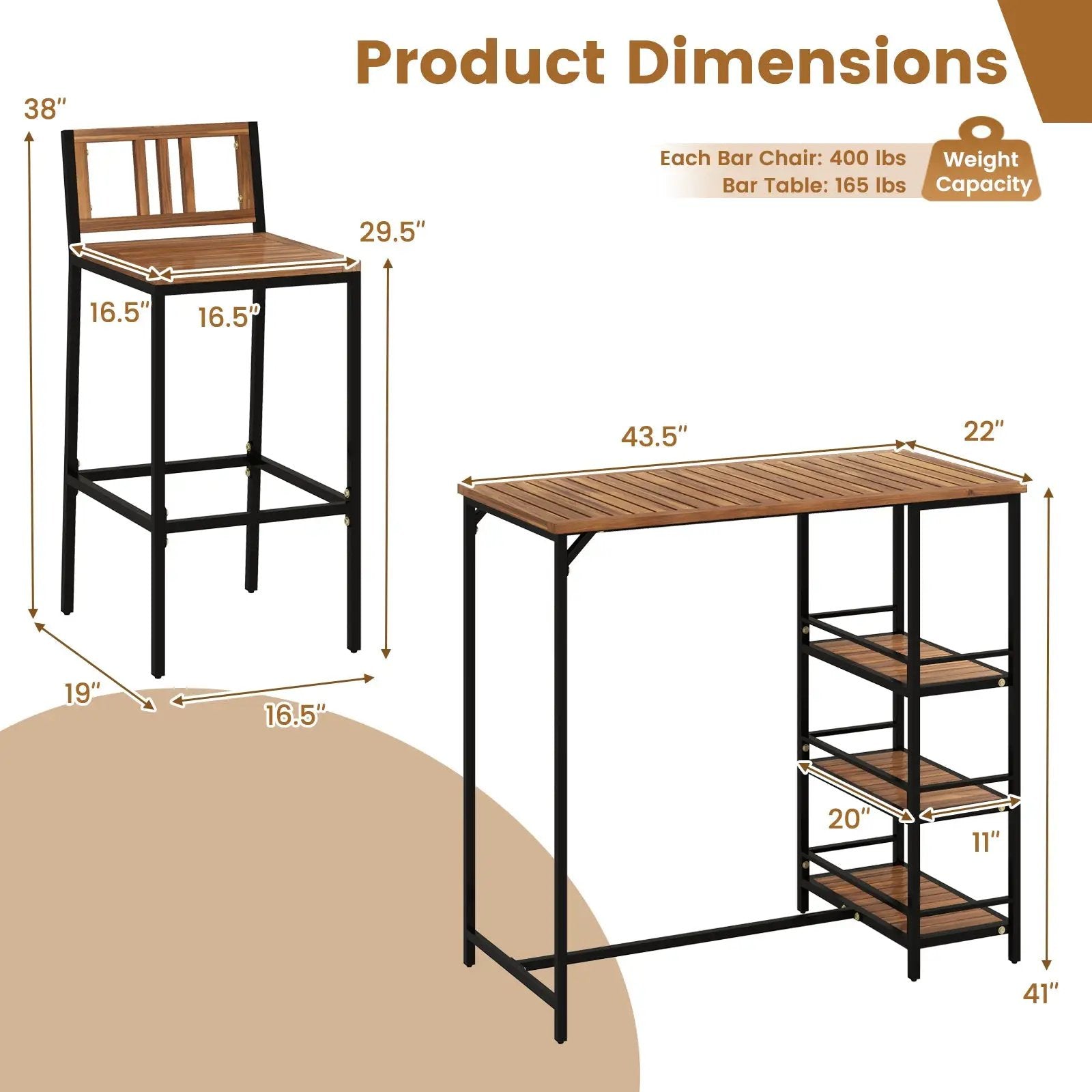 3 Pieces Outdoor Wood Bar Set with 3-Tier Storage Shelf and Metal Frame by DirectDeals
