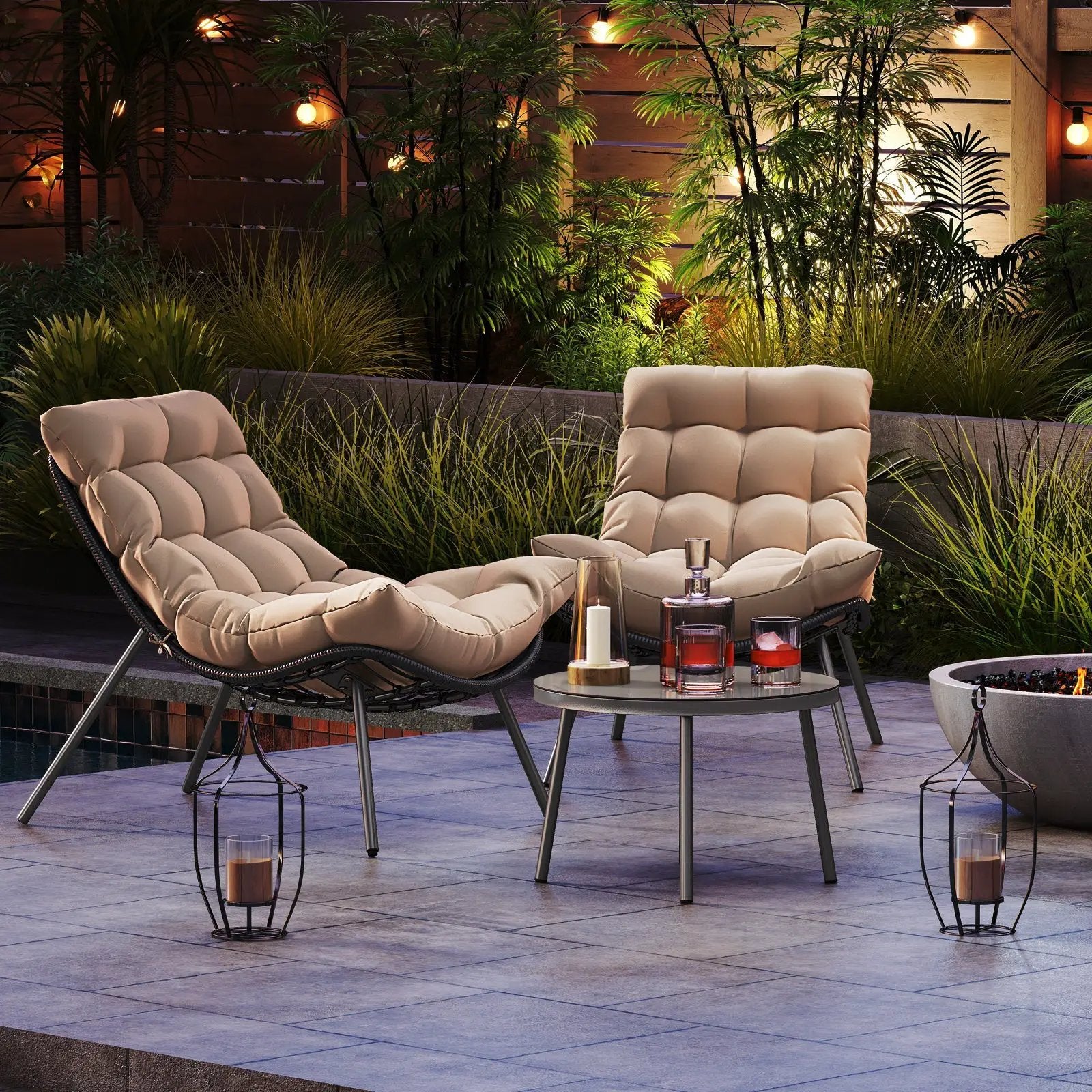 3 Pieces PE Rattan Conversation Set with Cushioned Papasan Chairs-Beige by DirectDeals
