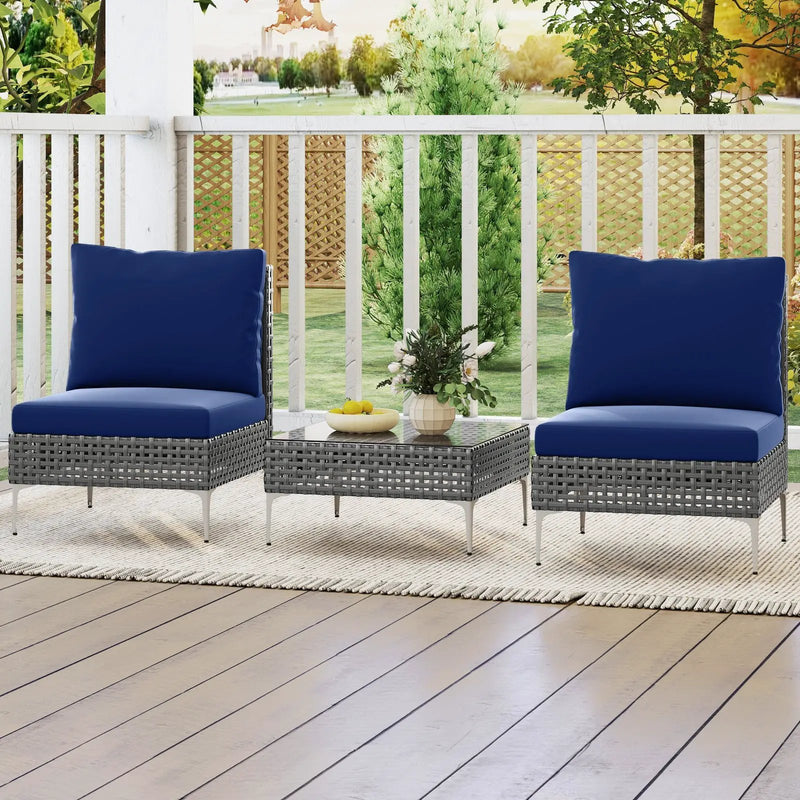 3 Pieces PE Rattan Conversation Chairs with Tempered Glass Coffee Table for Garden Porch-Navy by DirectDeals