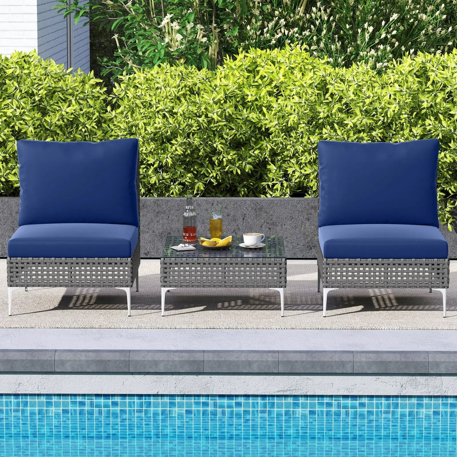 3 Pieces PE Rattan Conversation Chairs with Tempered Glass Coffee Table for Garden Porch-Navy by DirectDeals