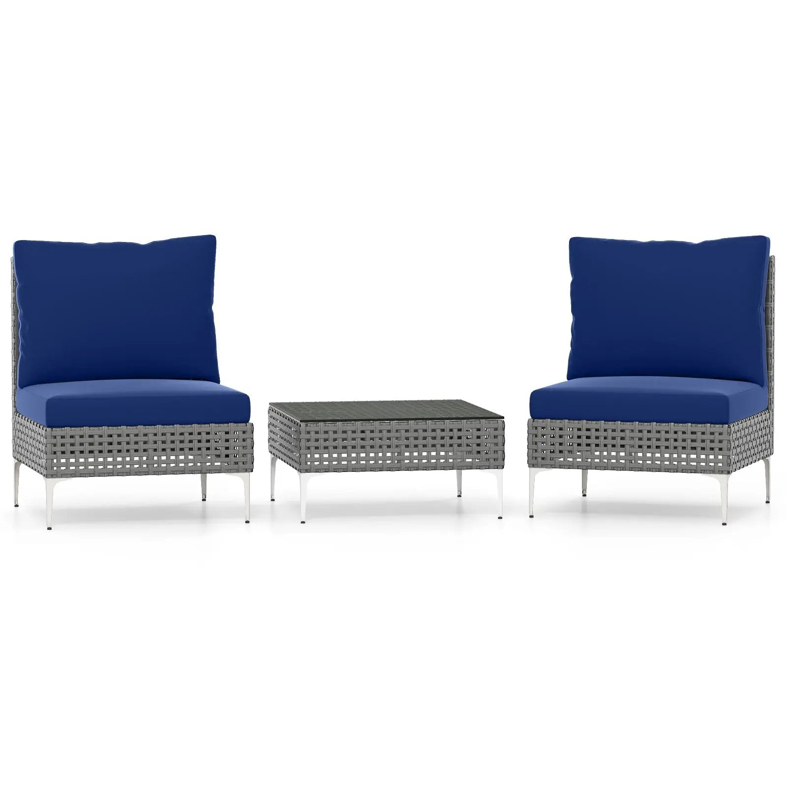 3 Pieces PE Rattan Conversation Chairs with Tempered Glass Coffee Table for Garden Porch-Navy by DirectDeals